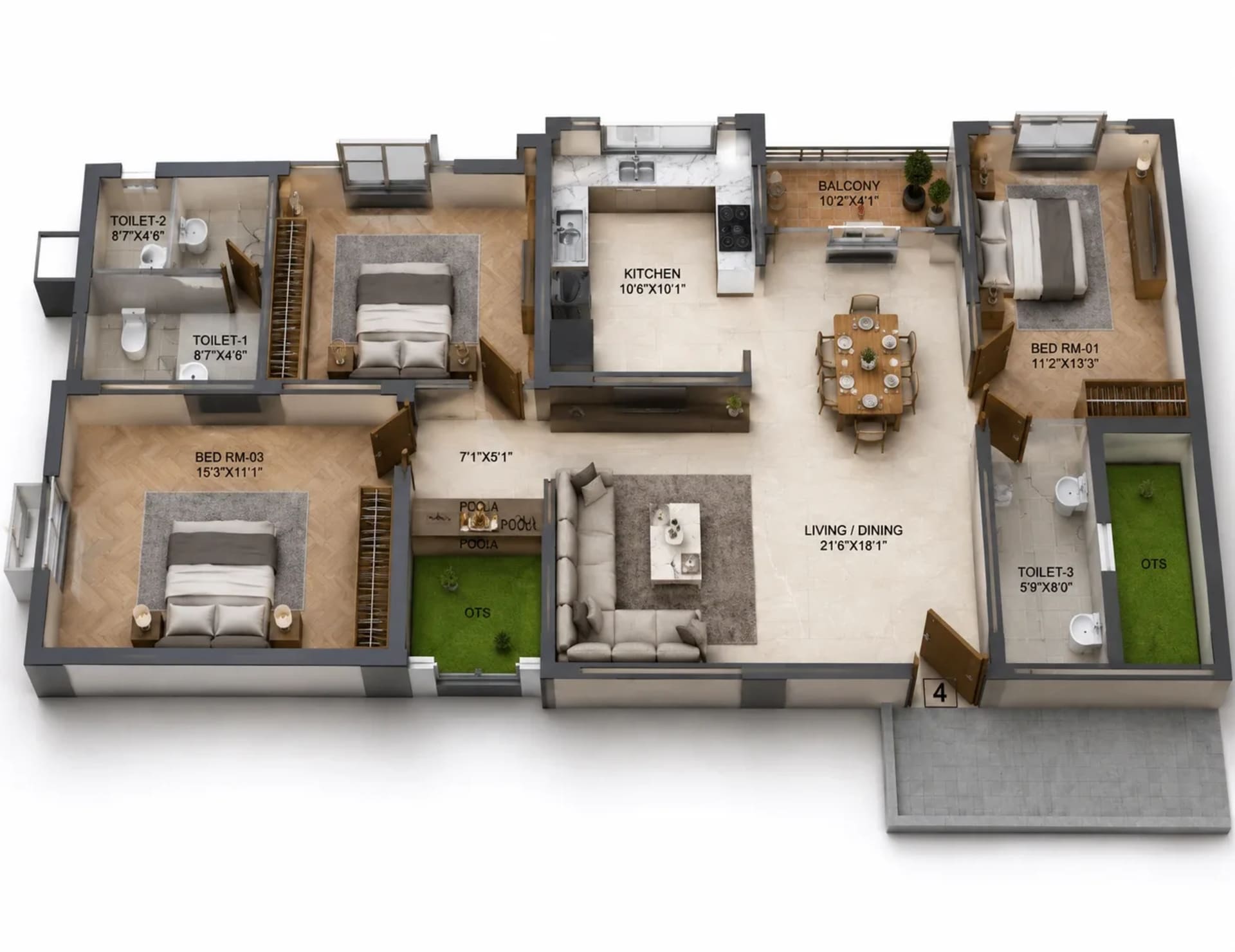 3 BHK Apartment Floor Plan – Urban Tree Bliss