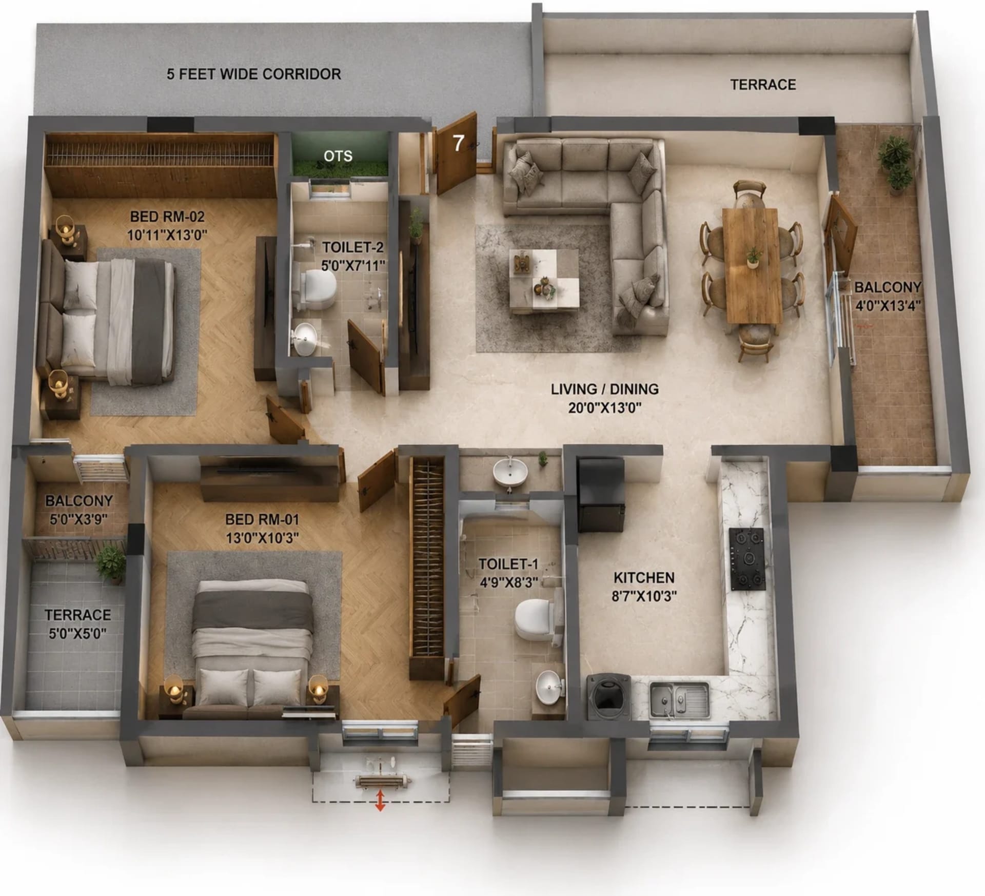 2 BHK Apartment Floor Plan – Urban Tree Bliss