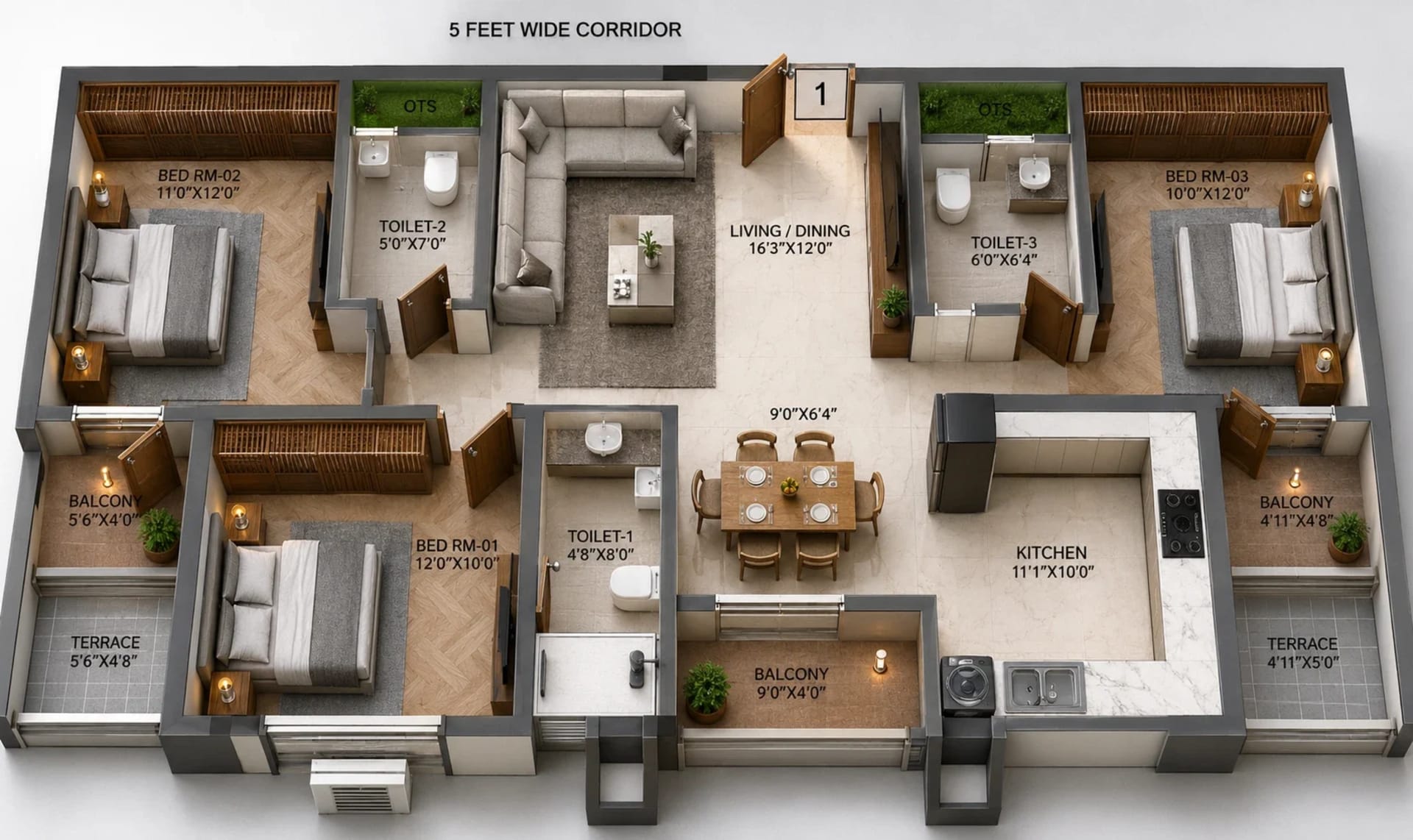 3 BHK Apartment Floor Plan – Urban Tree Bliss