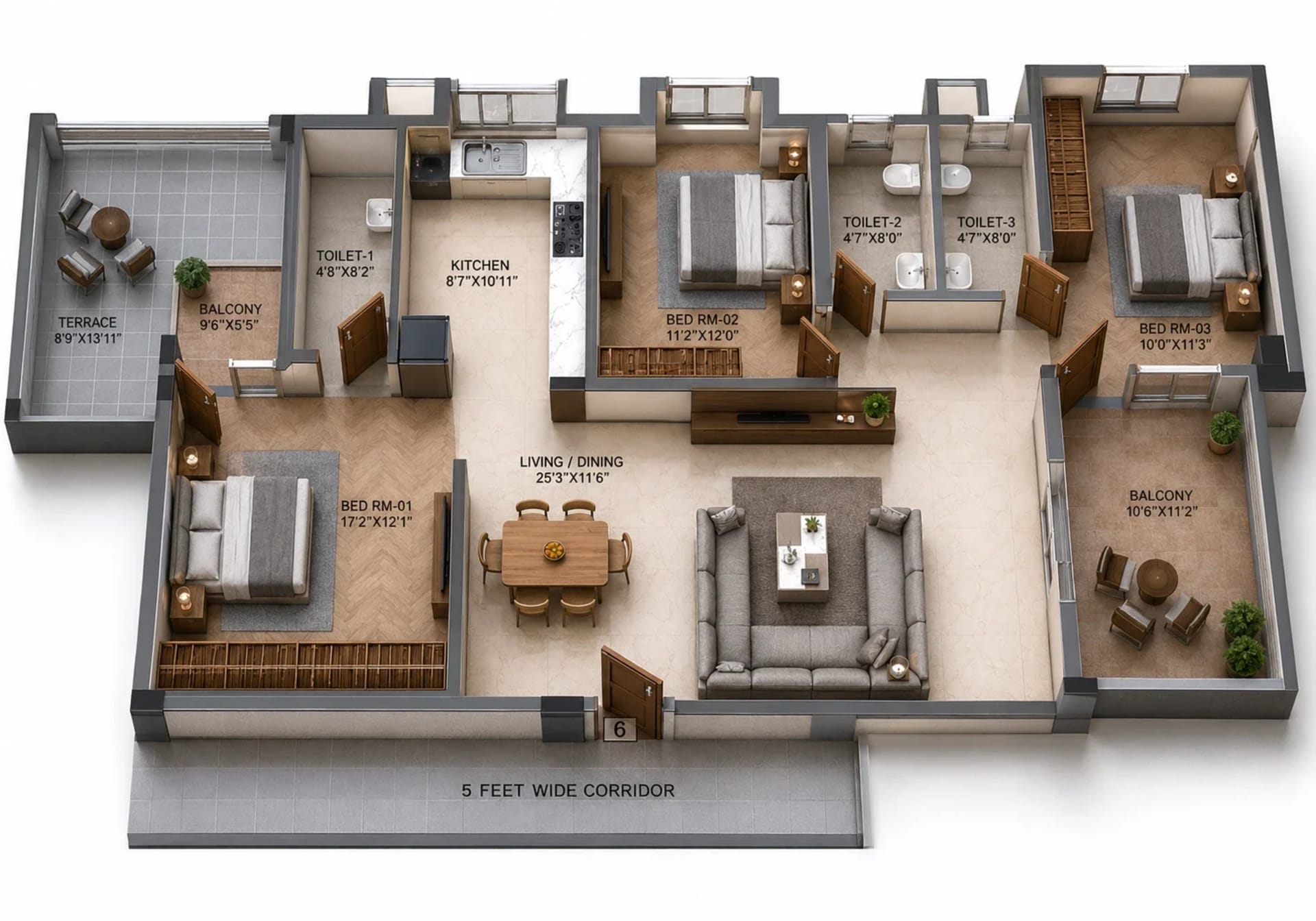 3 BHK Apartment Floor Plan – Urban Tree Bliss