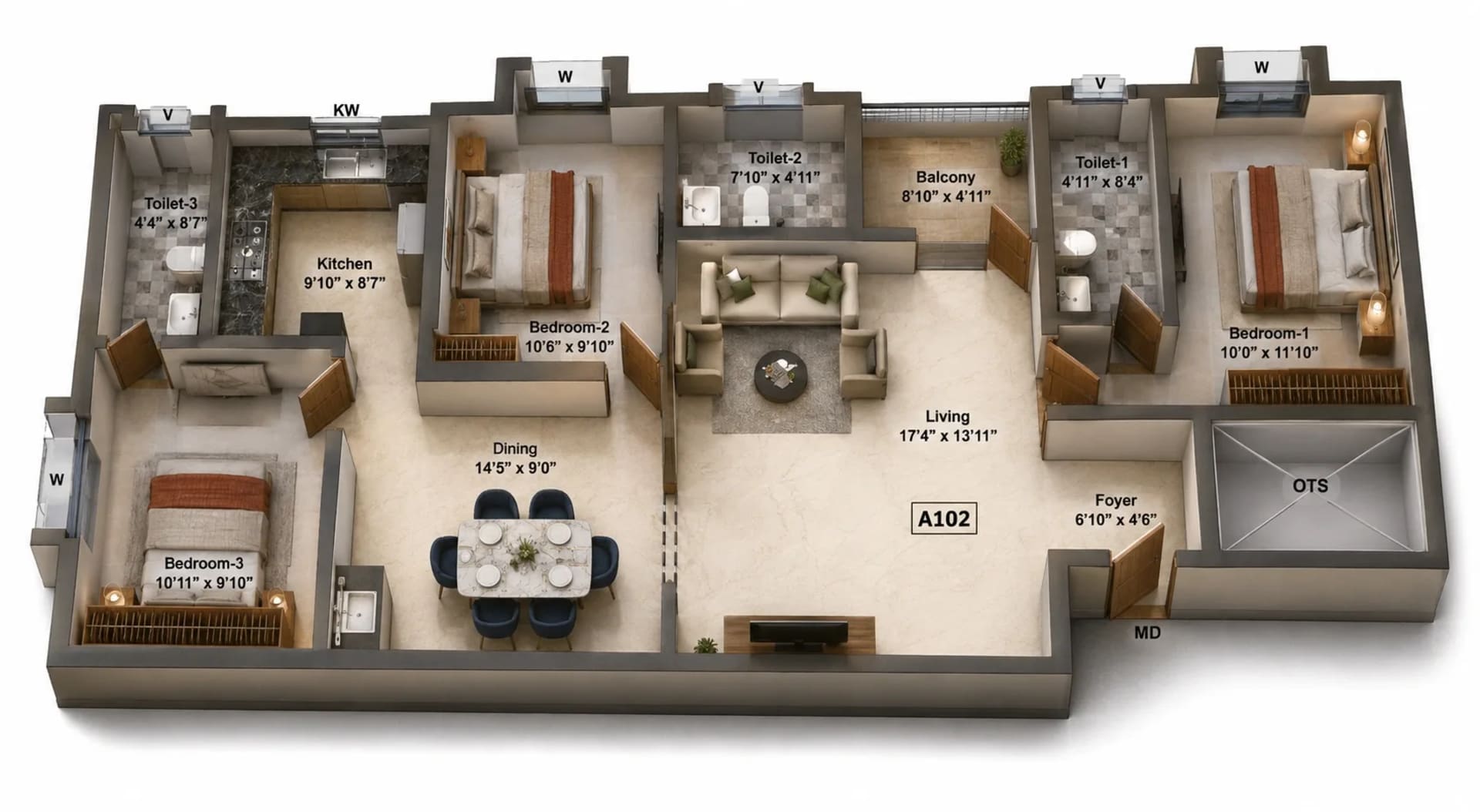 3 BHK Apartment Floor Plan – Jones Vista