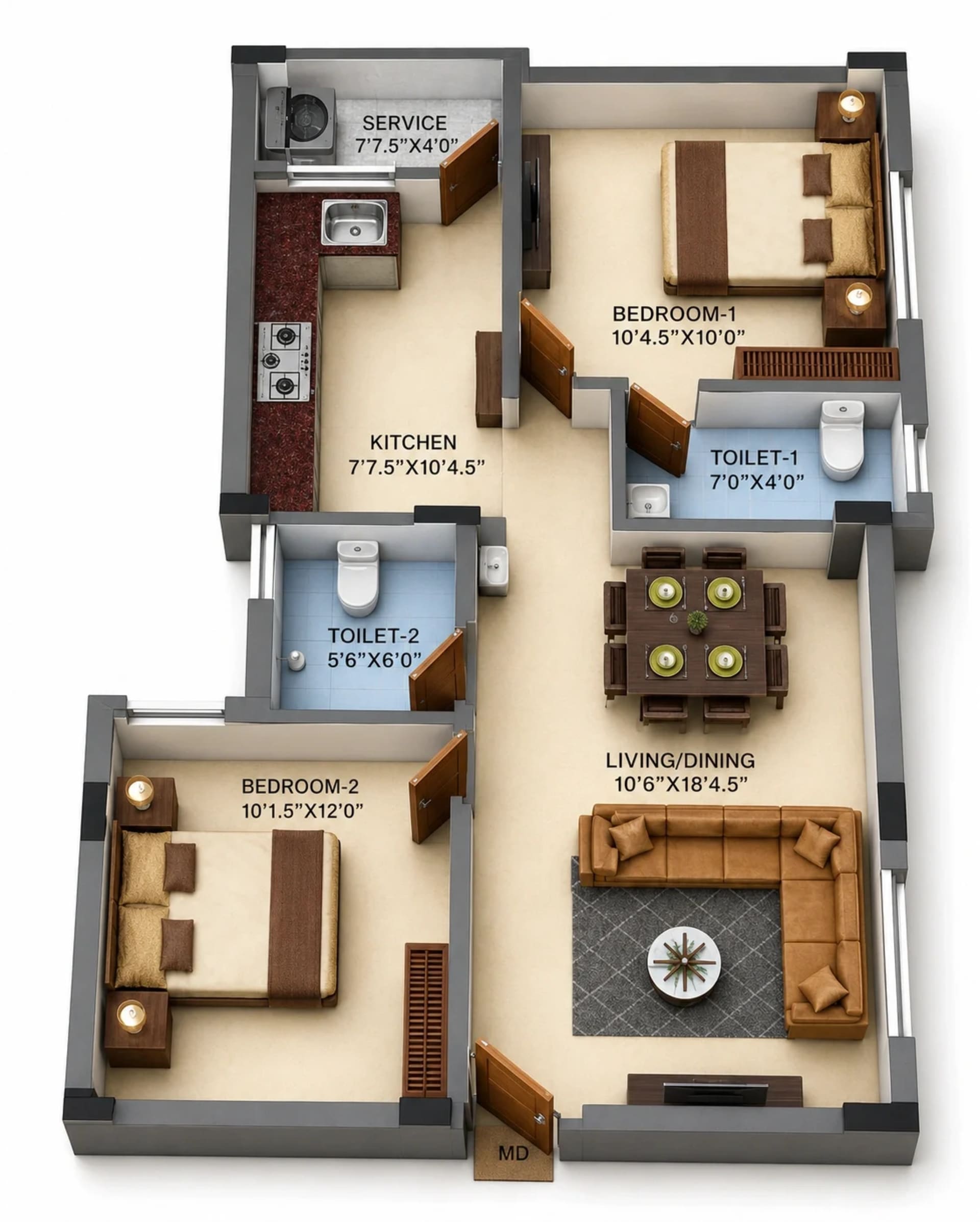 2 BHK Apartment Floor Plan – MP Golden Heights