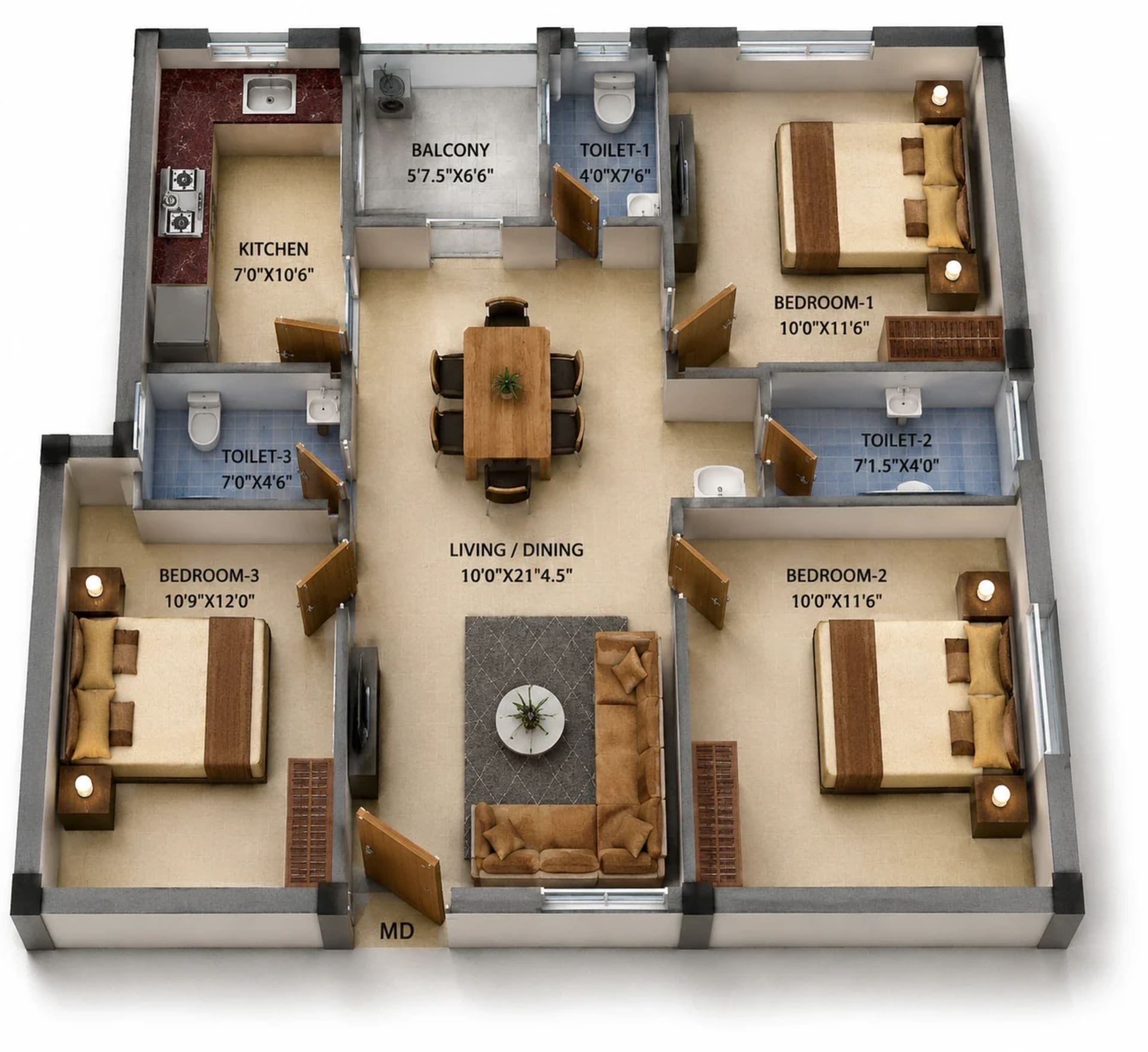 3 BHK Apartment Floor Plan – MP Golden Heights