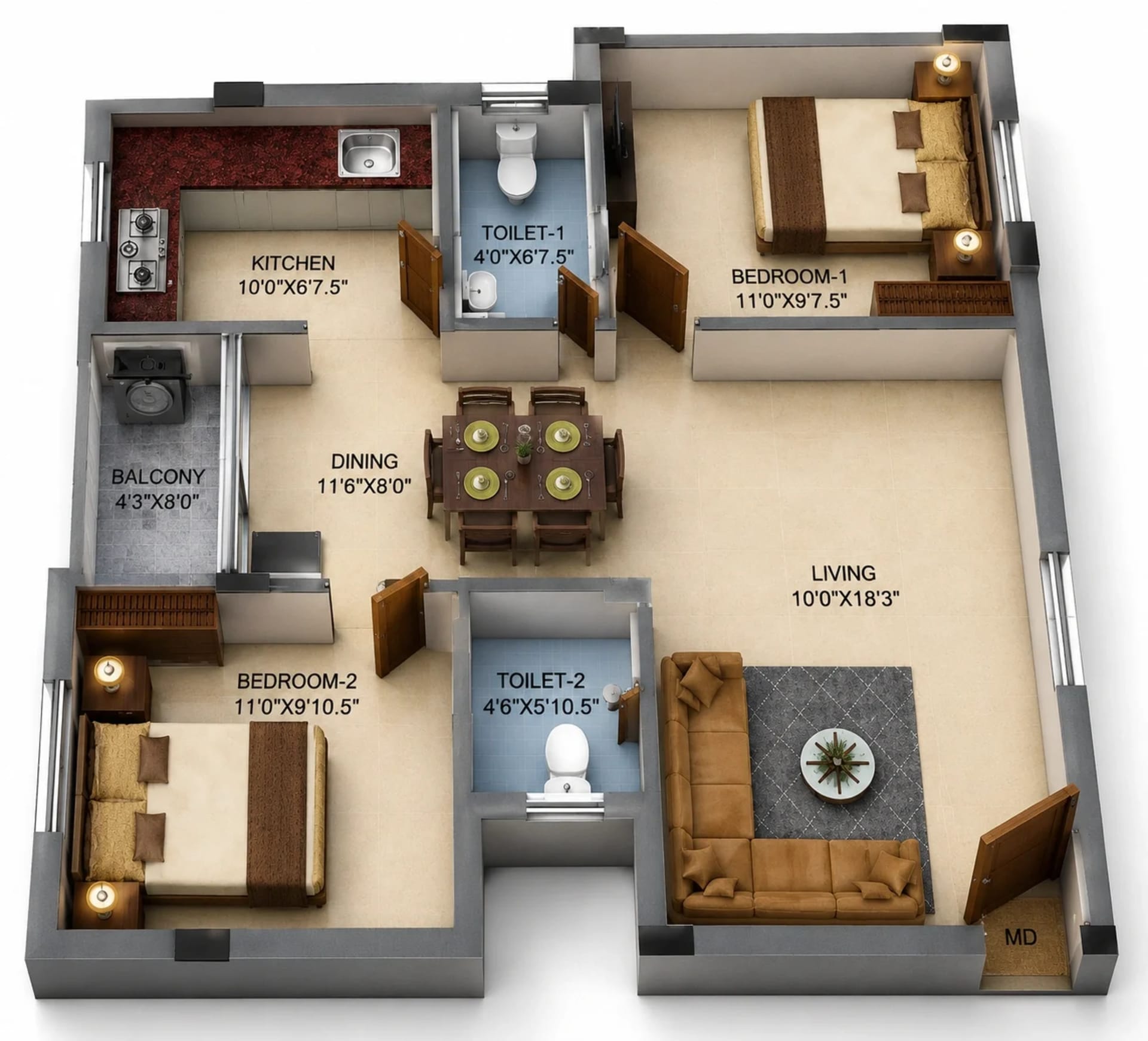2 BHK Apartment Floor Plan – MP Golden Heights