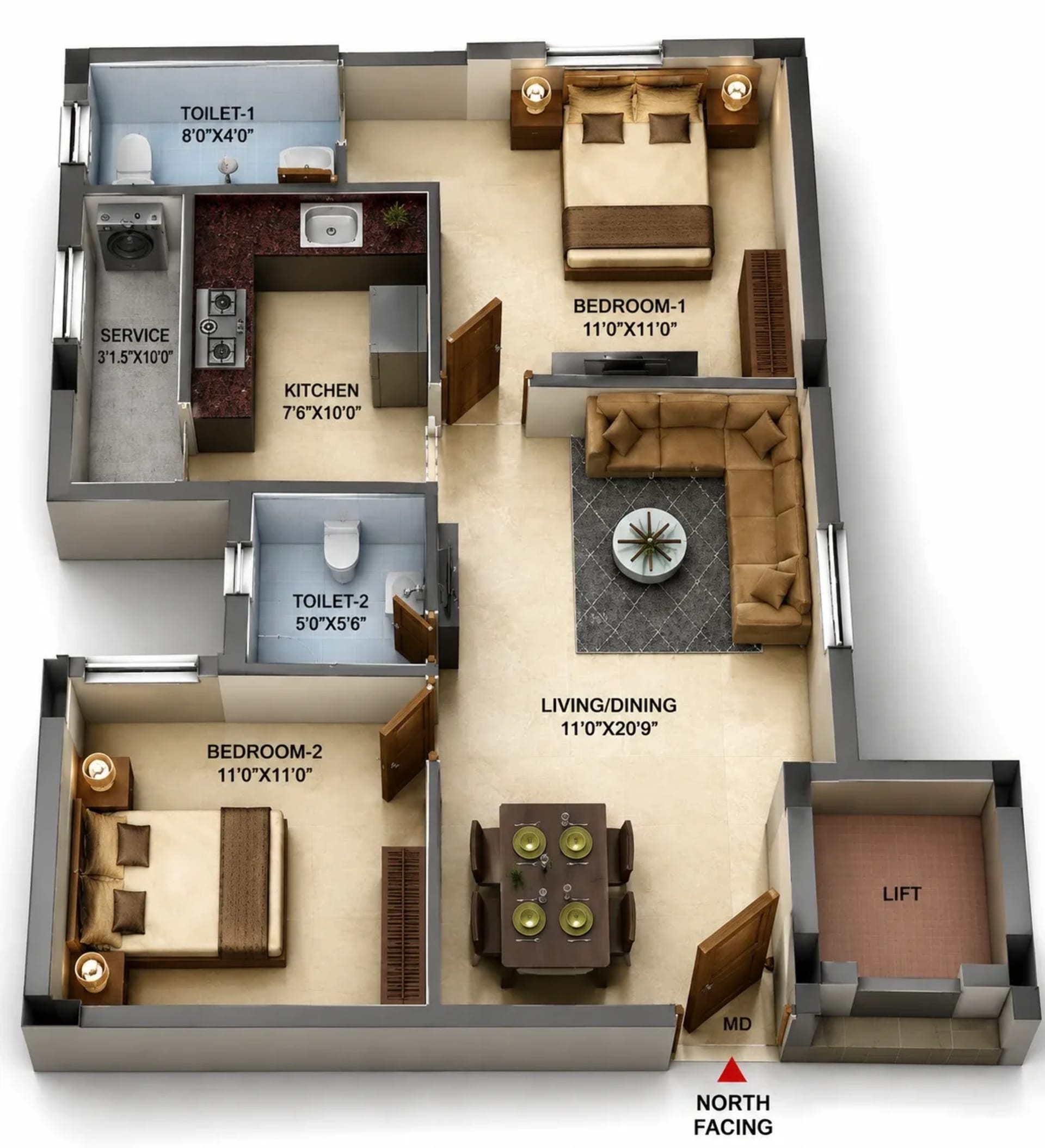 2 BHK Apartment Floor Plan – MP Golden Heights
