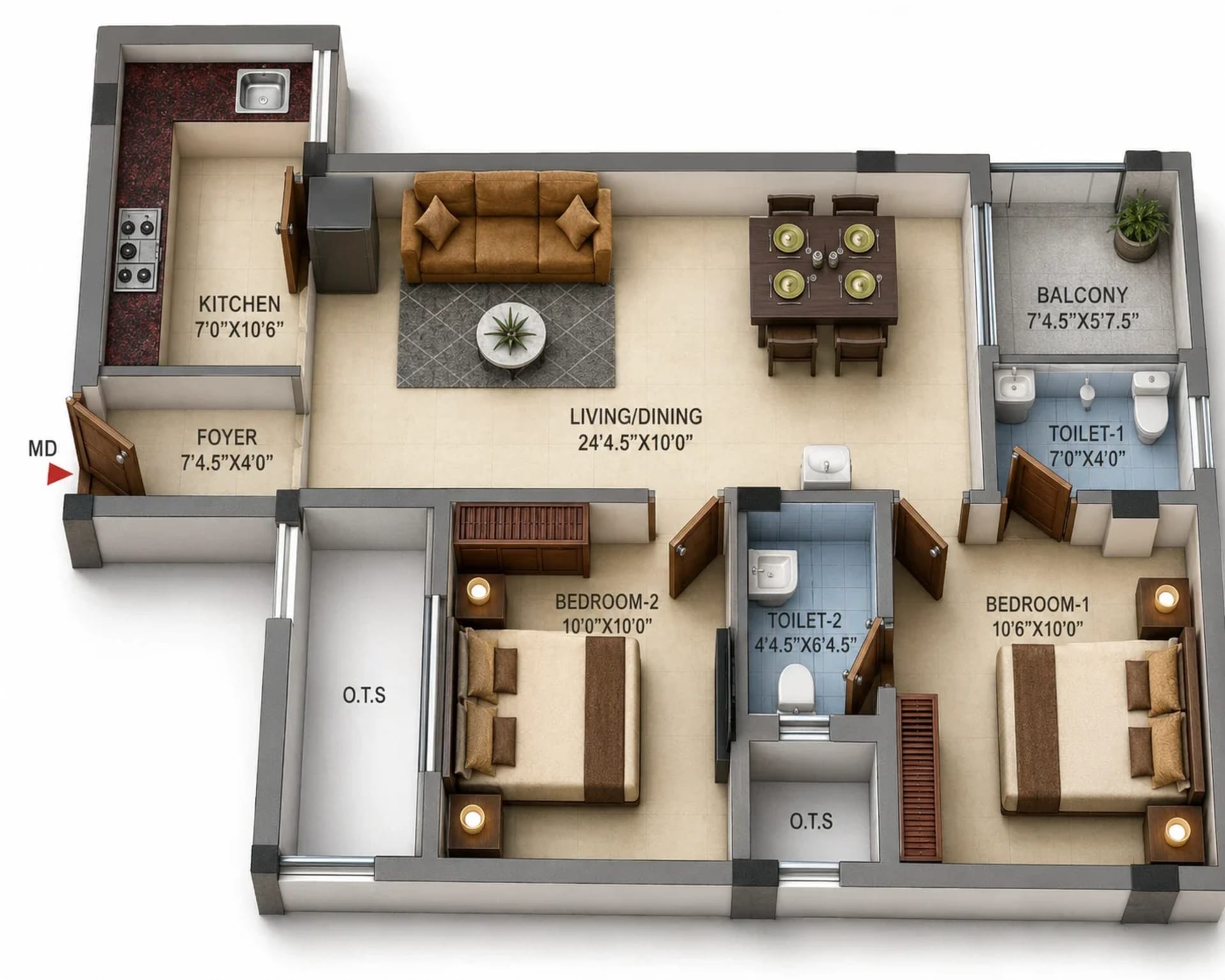 2 BHK Apartment Floor Plan – MP Golden Heights