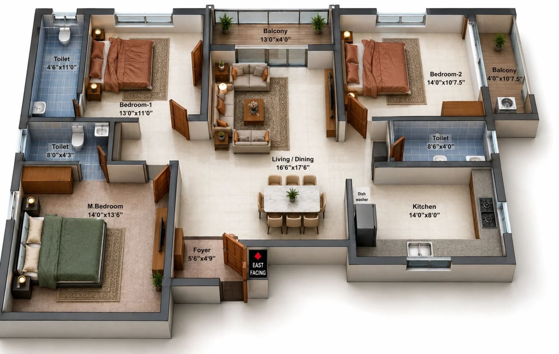 3 BHK Apartment Floor Plan – MP Mugavari