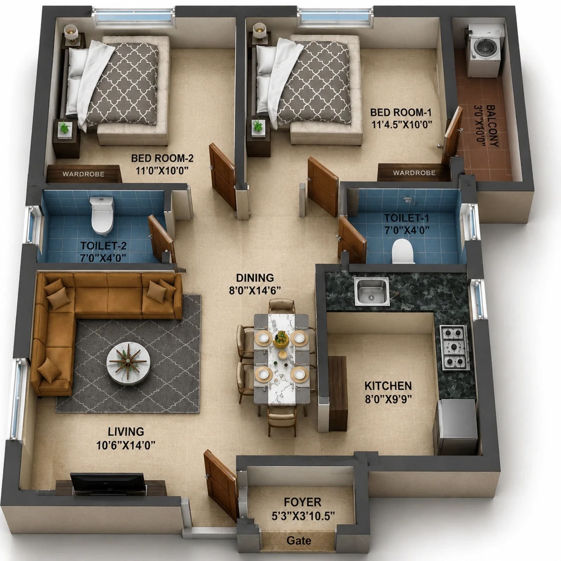 2 BHK Apartment Floor Plan – MP Petals