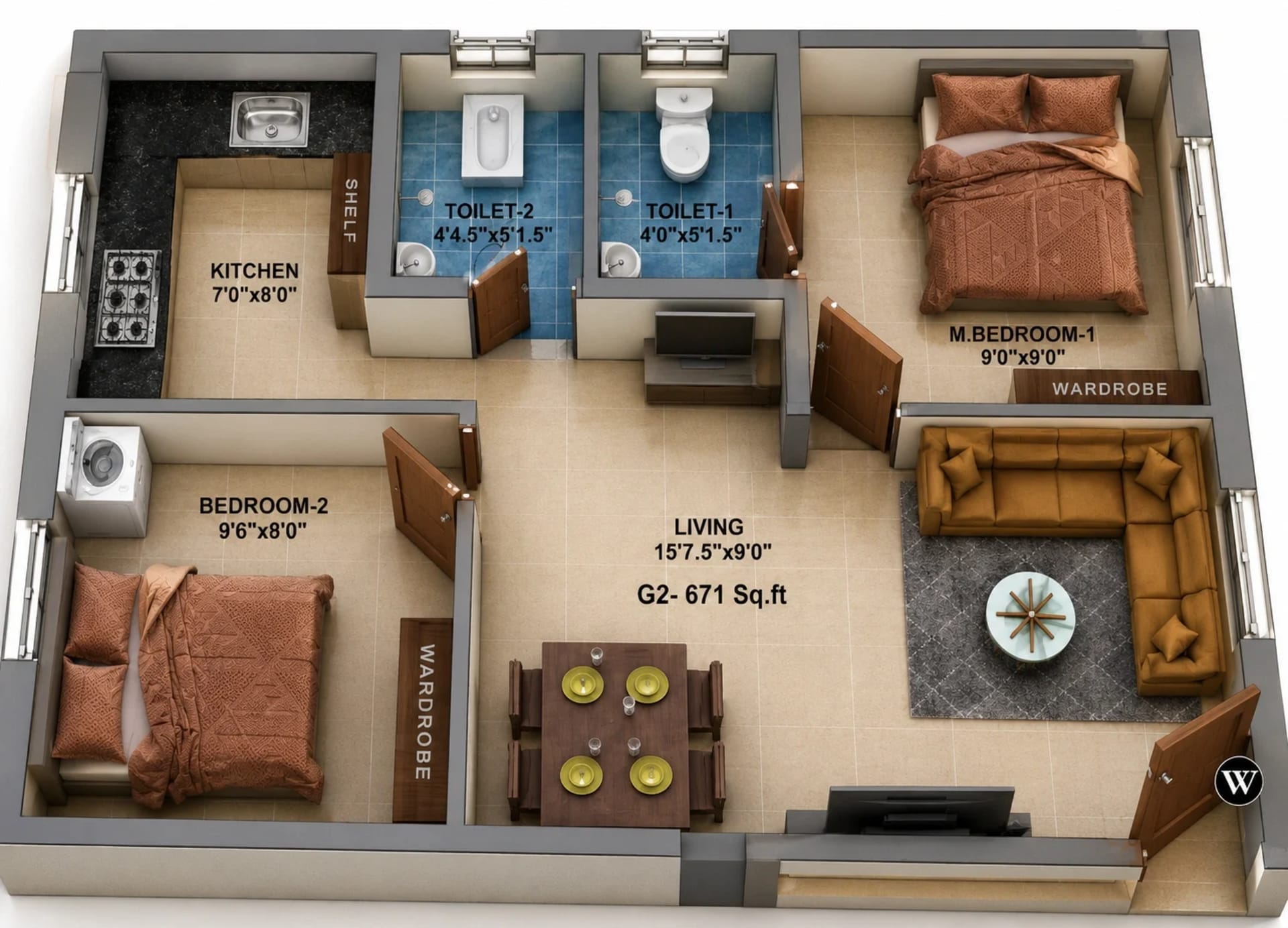 2 BHK Apartment Floor Plan – MP Amber