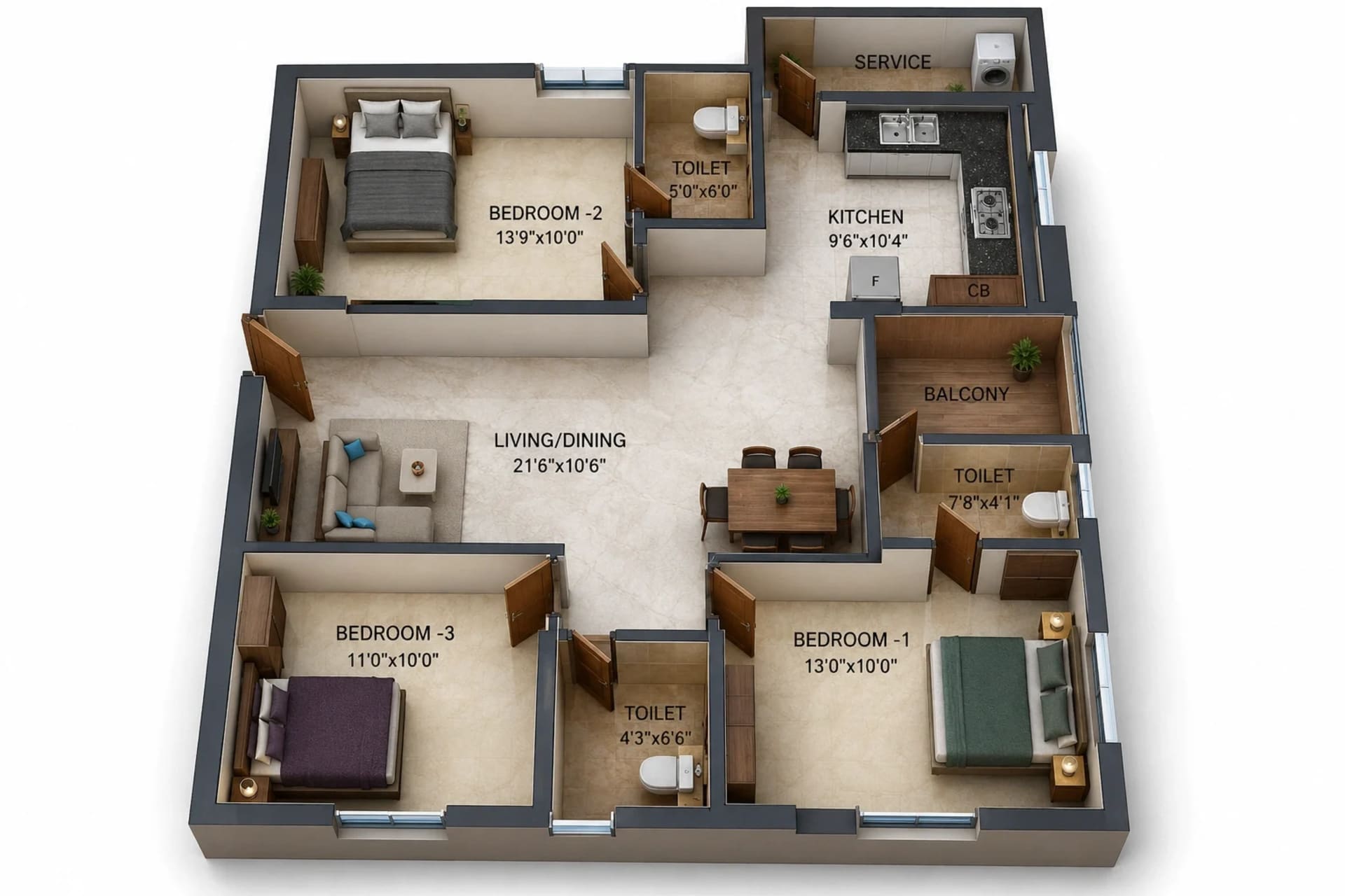 3 BHK Apartment Floor Plan – Nest Bonsai