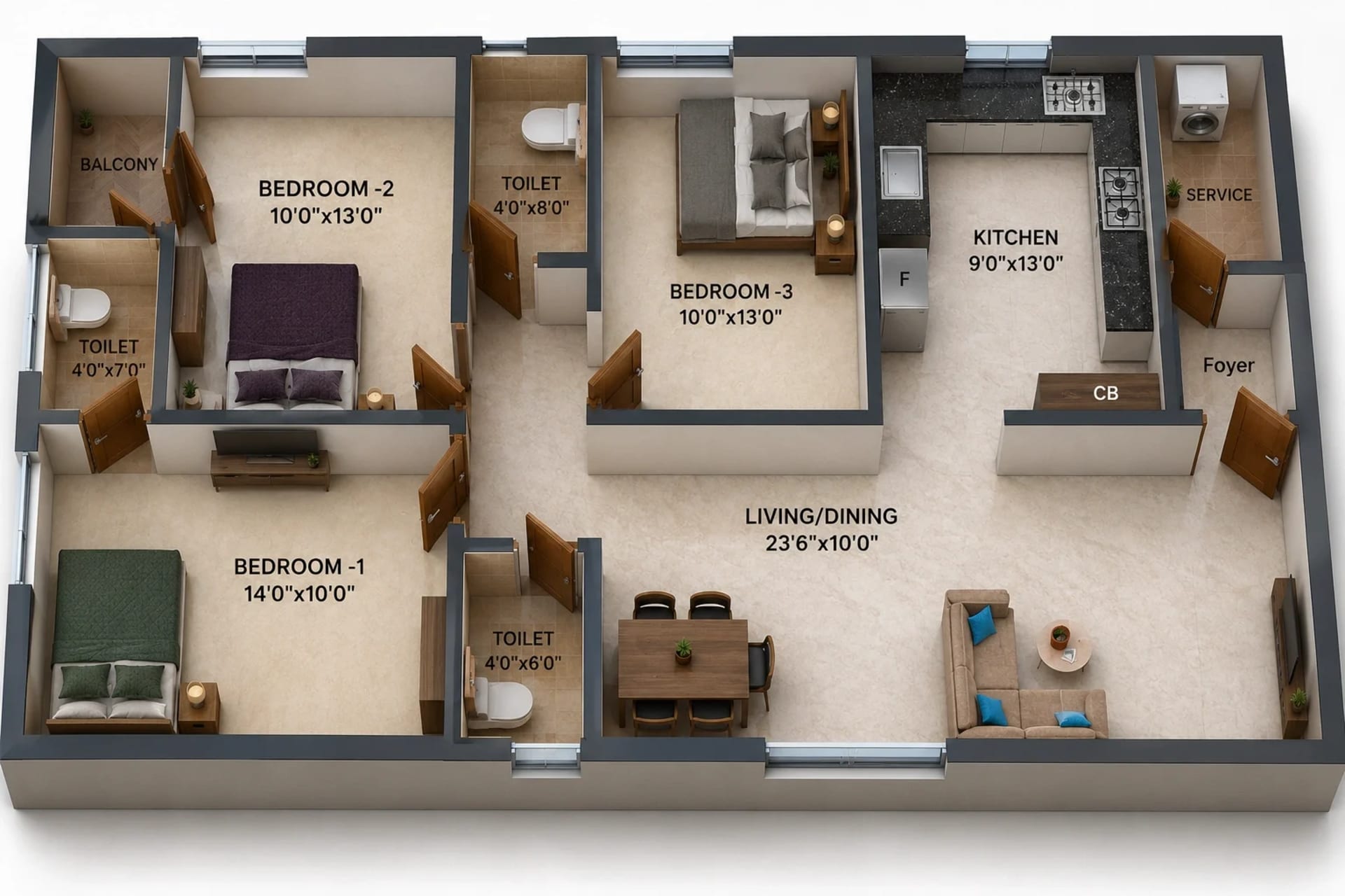 3 BHK Apartment Floor Plan – Nest Bonsai