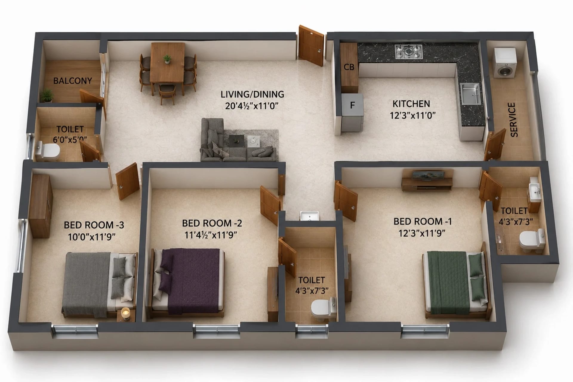 3 BHK Apartment Floor Plan – Nest Bonsai