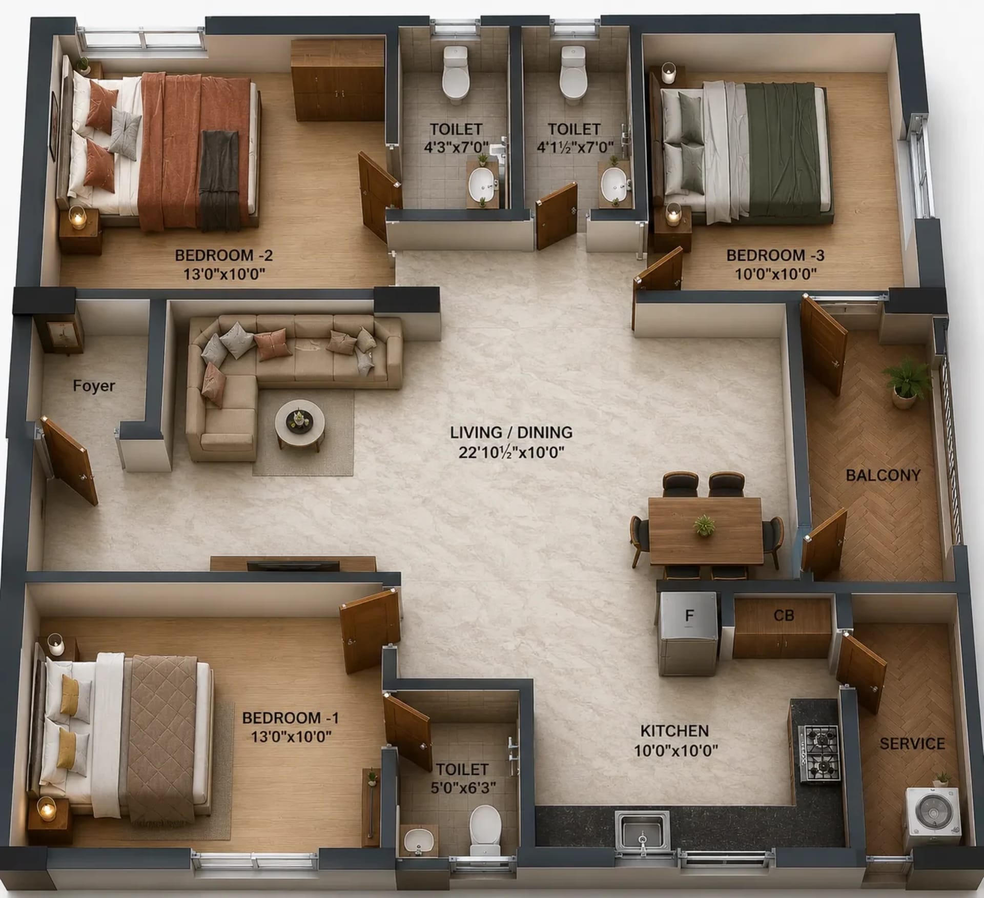 3 BHK Apartment Floor Plan – Nest FAB