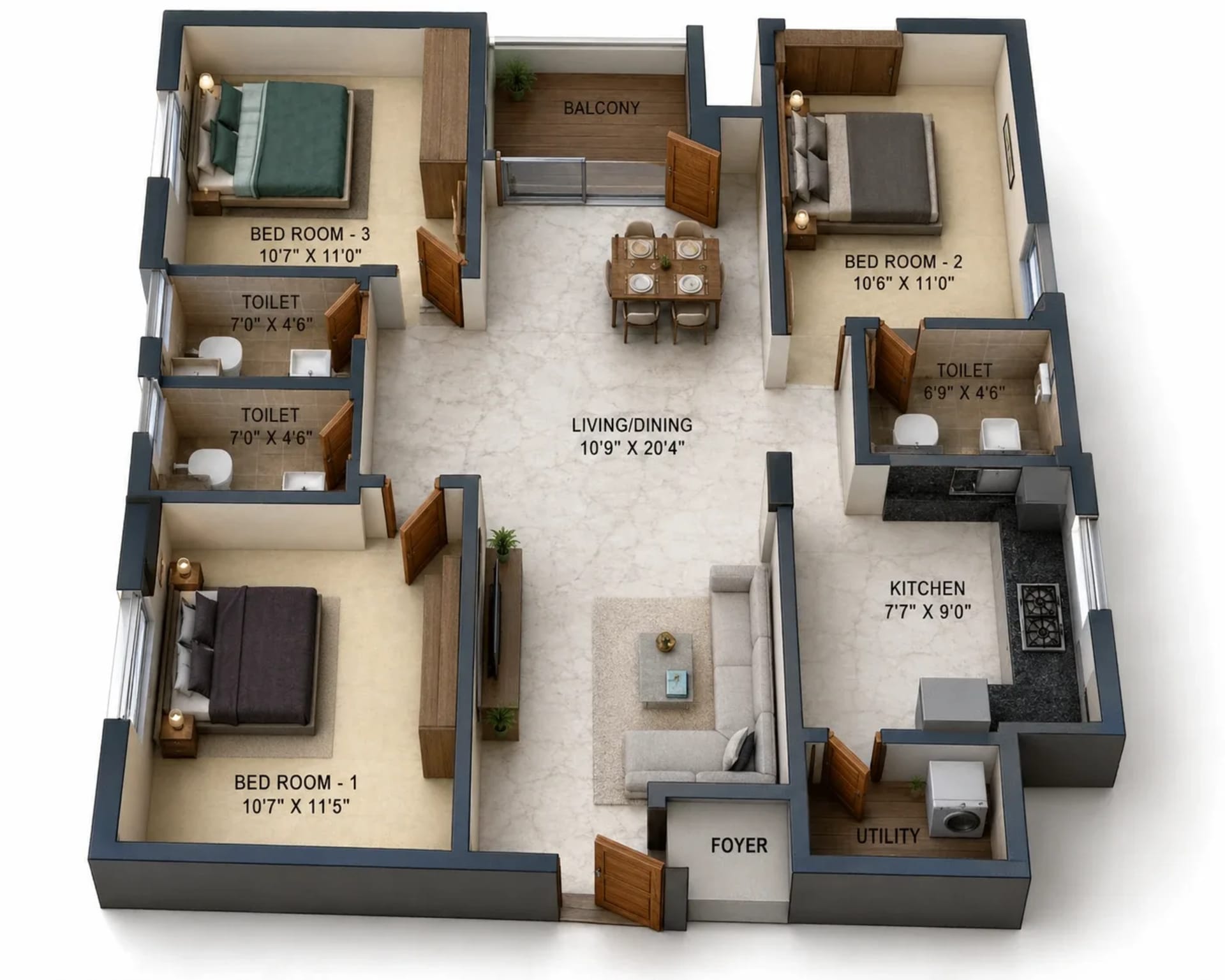 3 BHK Apartment Floor Plan – Nest Harmony