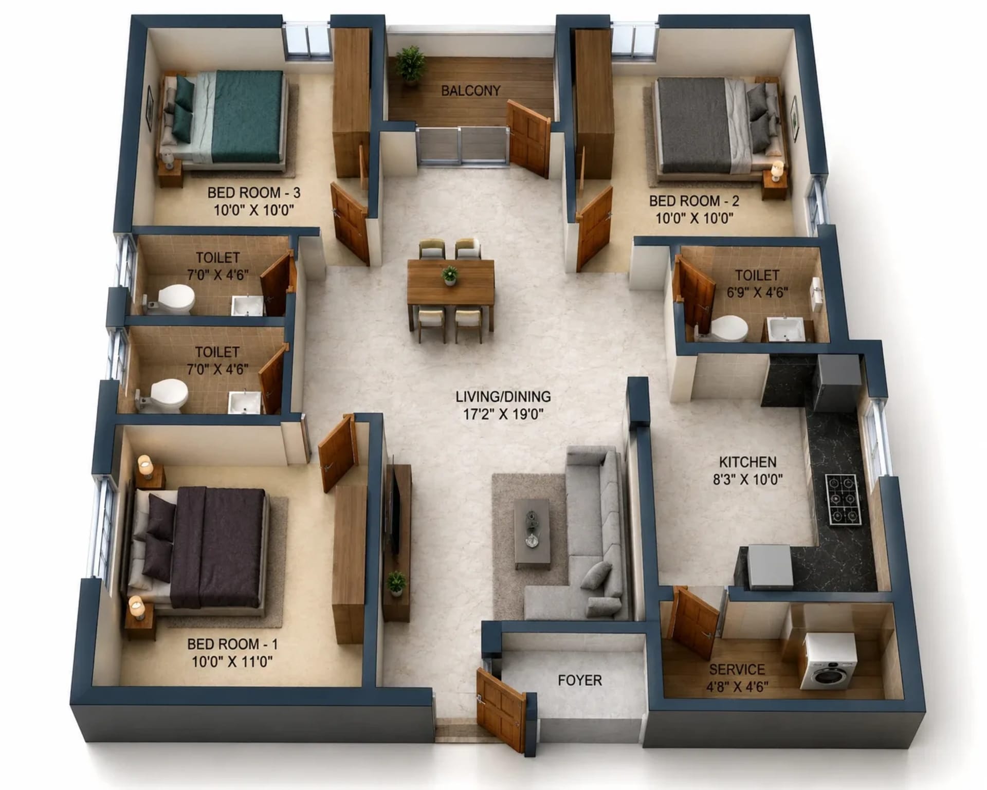 3 BHK Apartment Floor Plan – Nest Harmony