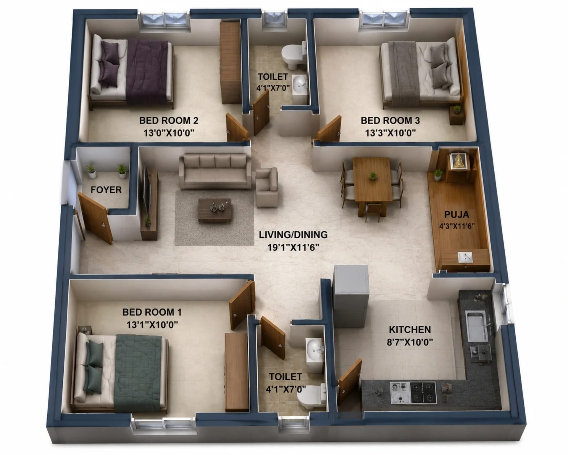3 BHK Apartment Floor Plan – Nest Harmony