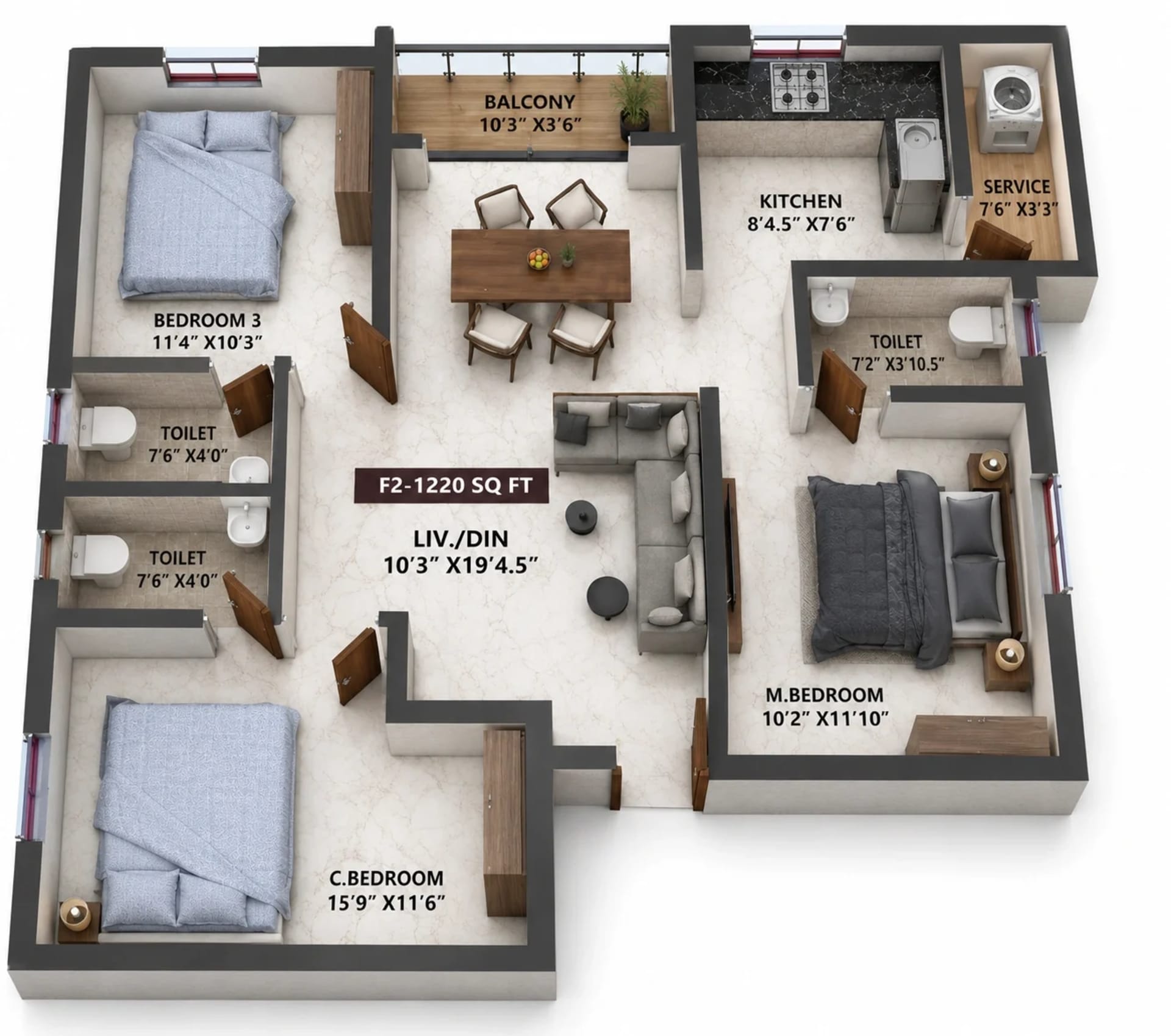 3 BHK Apartment Floor Plan – Viva Venba