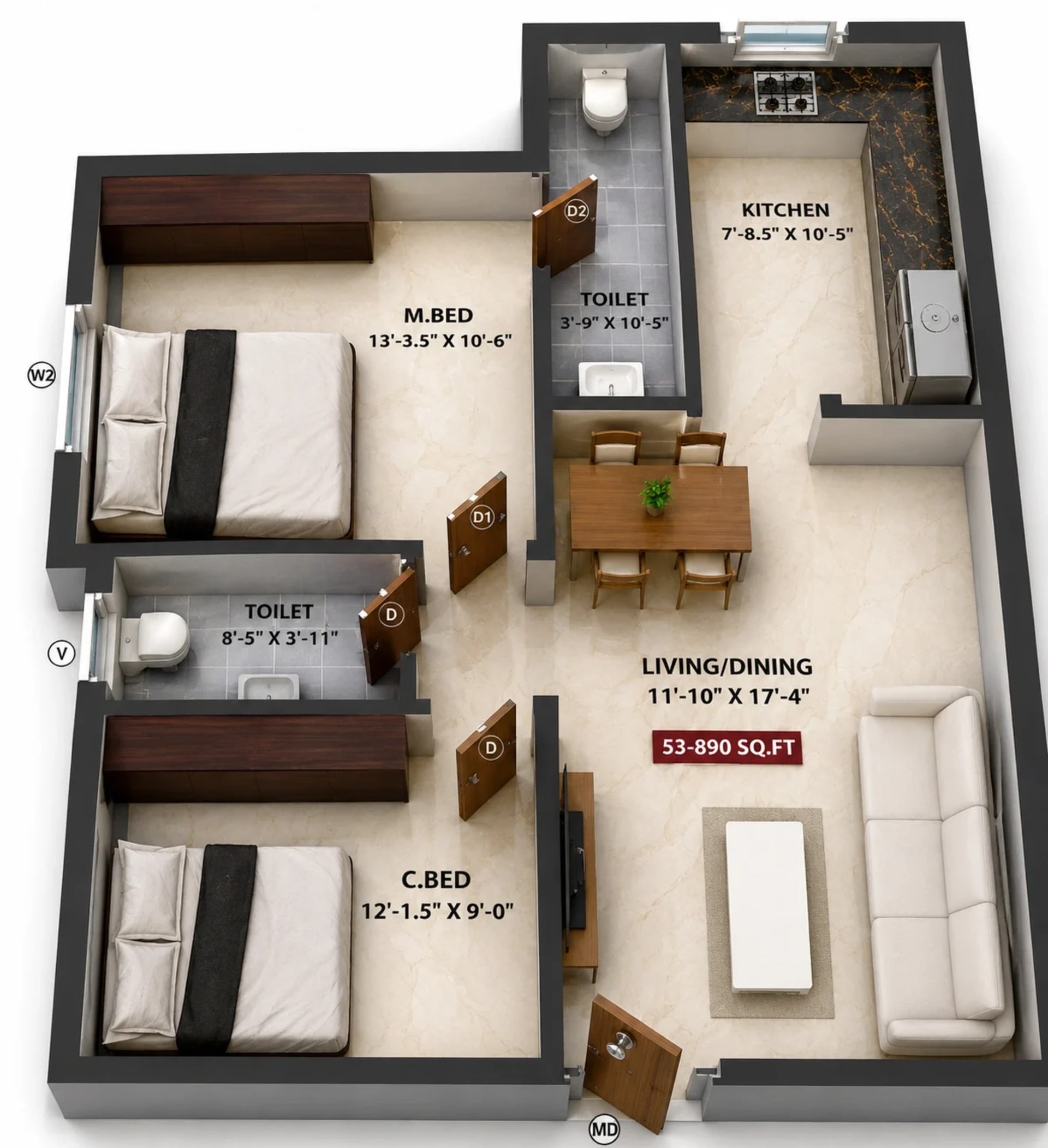 2 BHK Apartment Floor Plan – Viva Venue