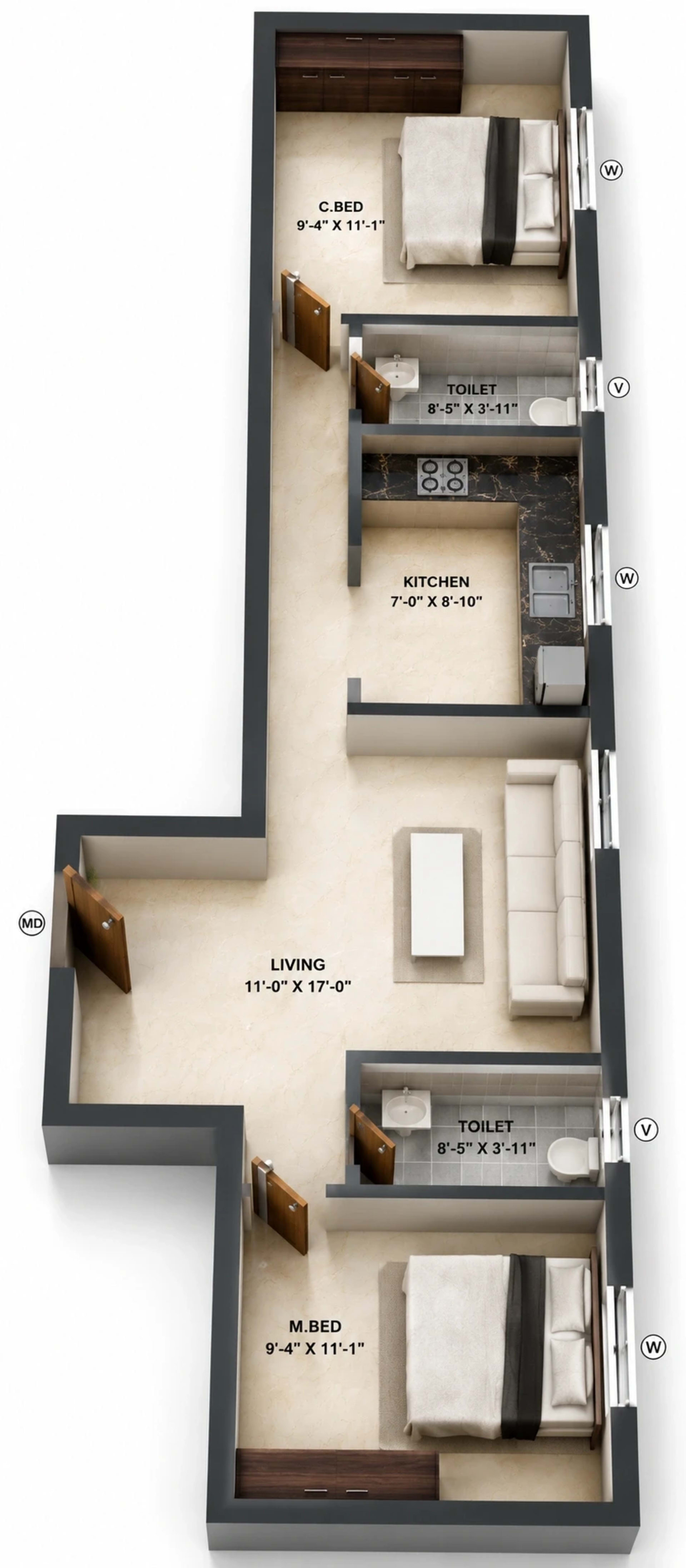 2 BHK Apartment Floor Plan – Viva Venue