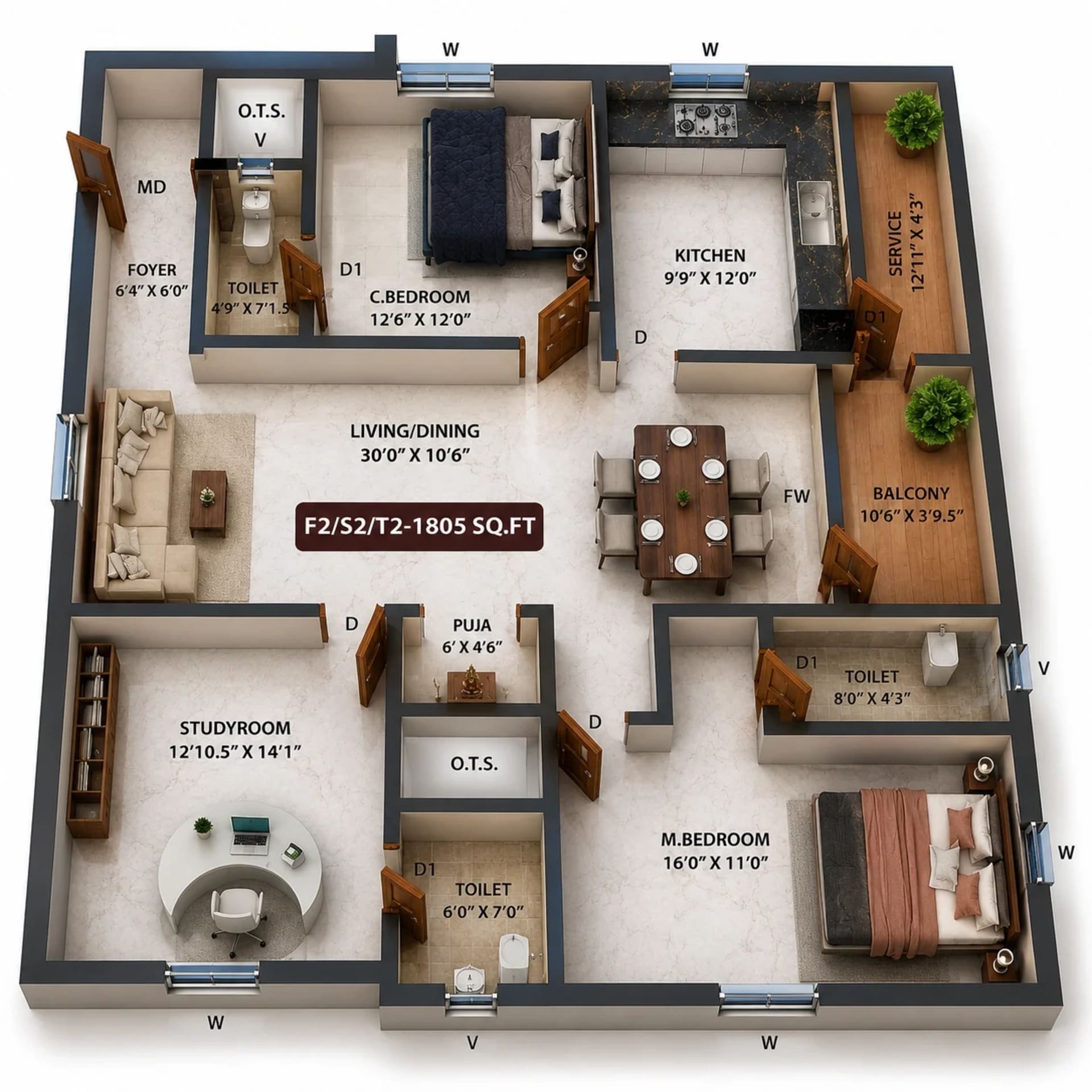 3 BHK Apartment Floor Plan – Viva Vibrant