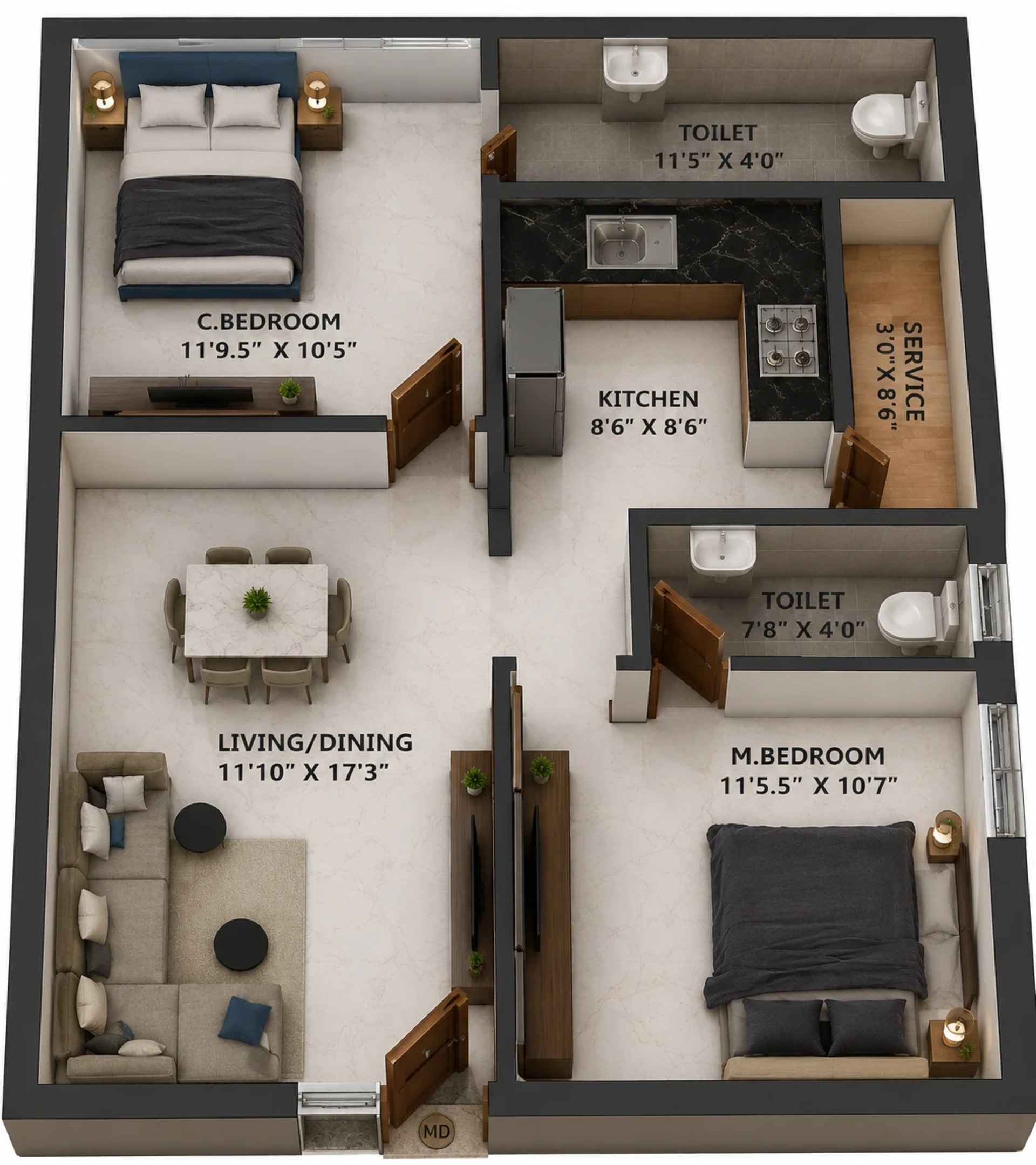 2 BHK Apartment Floor Plan – Viva Valia