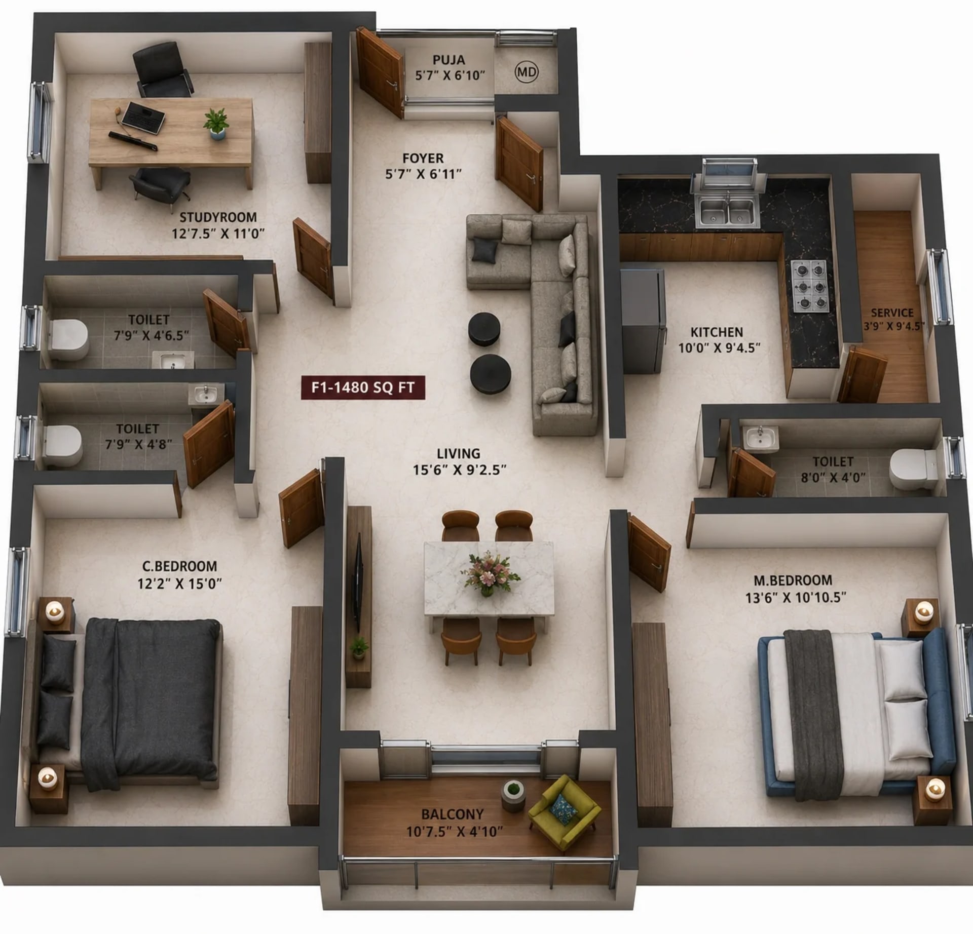 3 BHK Apartment Floor Plan – Viva Valia