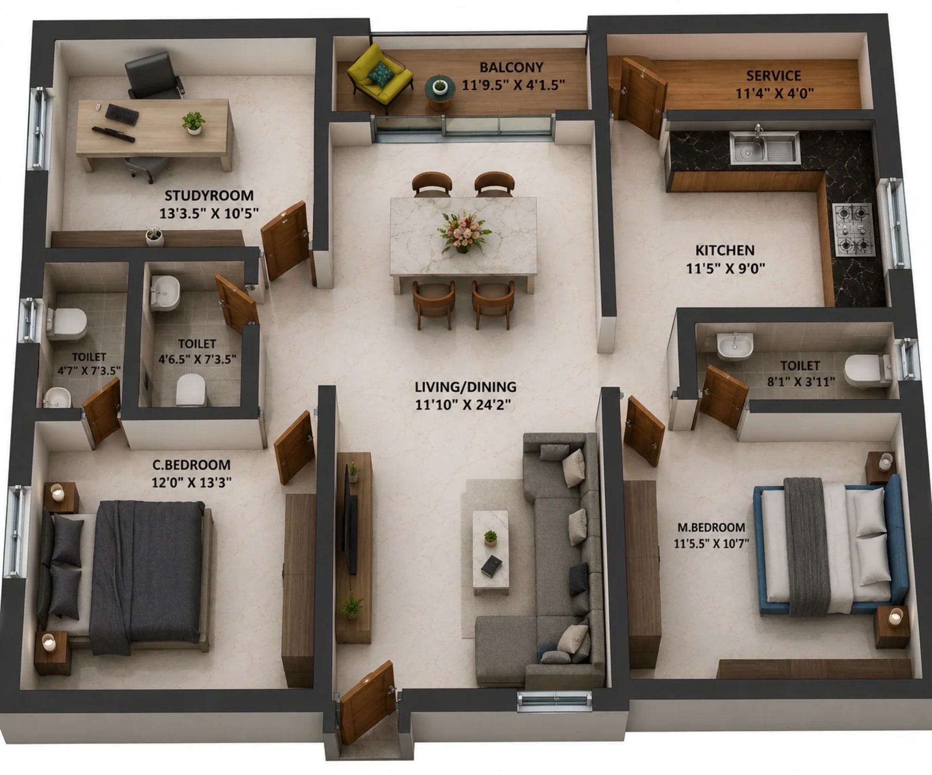 3 BHK Apartment Floor Plan – Viva Valia