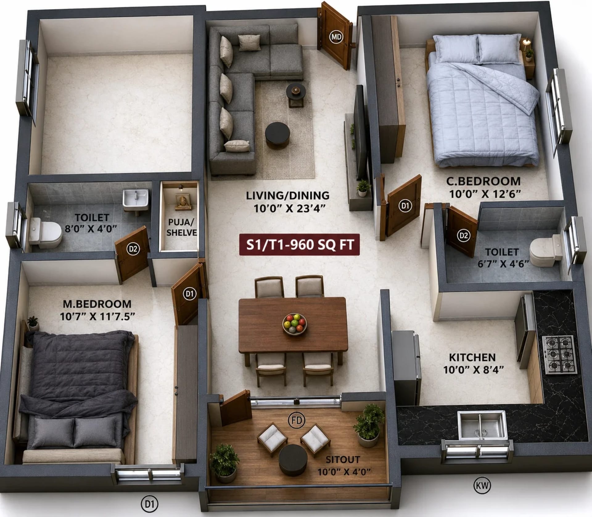 2 BHK Apartment Floor Plan – Viva Vally