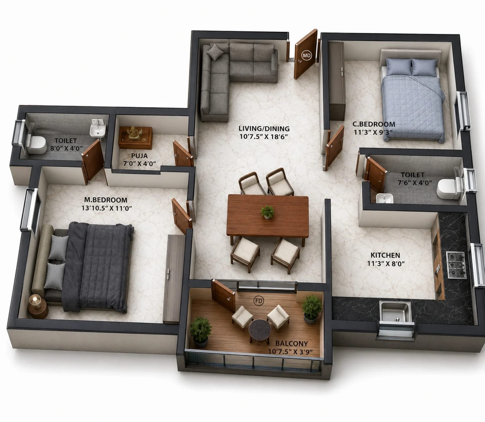 2 BHK Apartment Floor Plan – Viva Valter