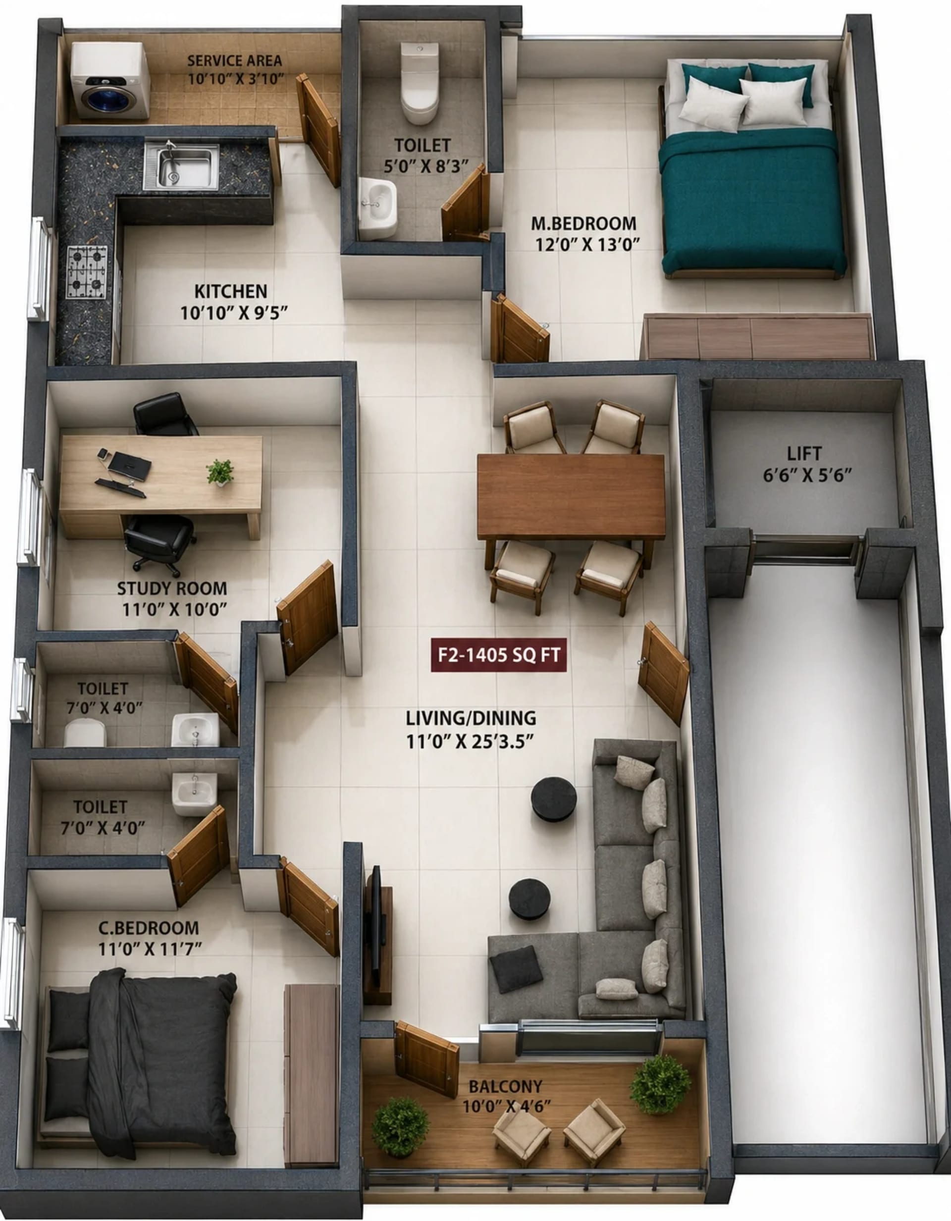 3 BHK Apartment Floor Plan – Viva Vegas