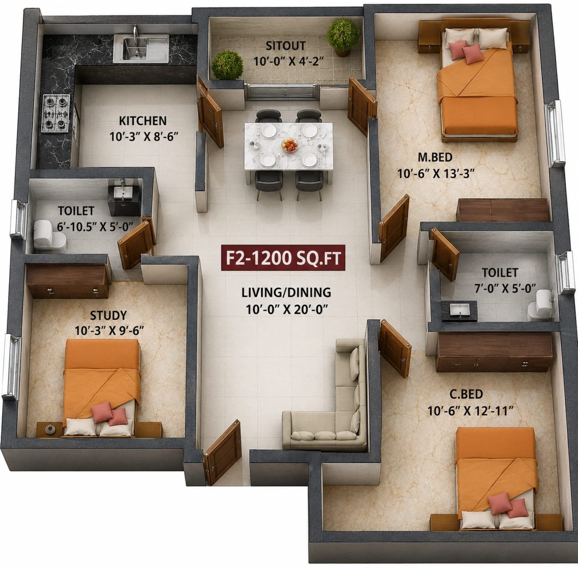 3 BHK Apartment Floor Plan – Viva Val