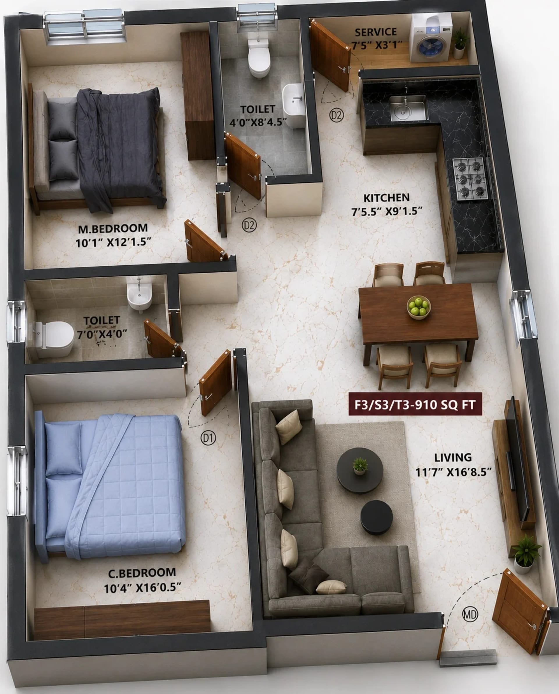 2 BHK Apartment Floor Plan – Viva Vitus