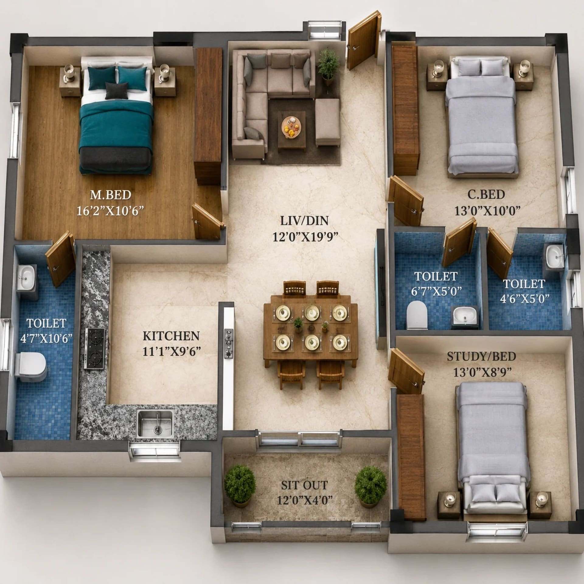 3 BHK Apartment Floor Plan – Viva Velvet