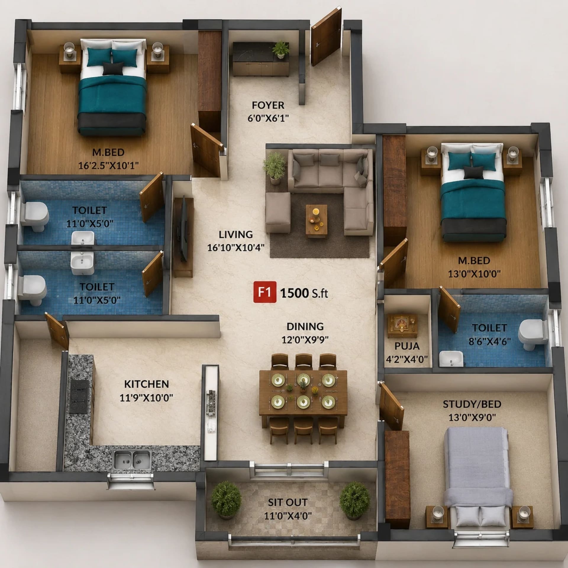 3 BHK Apartment Floor Plan – Viva Velvet