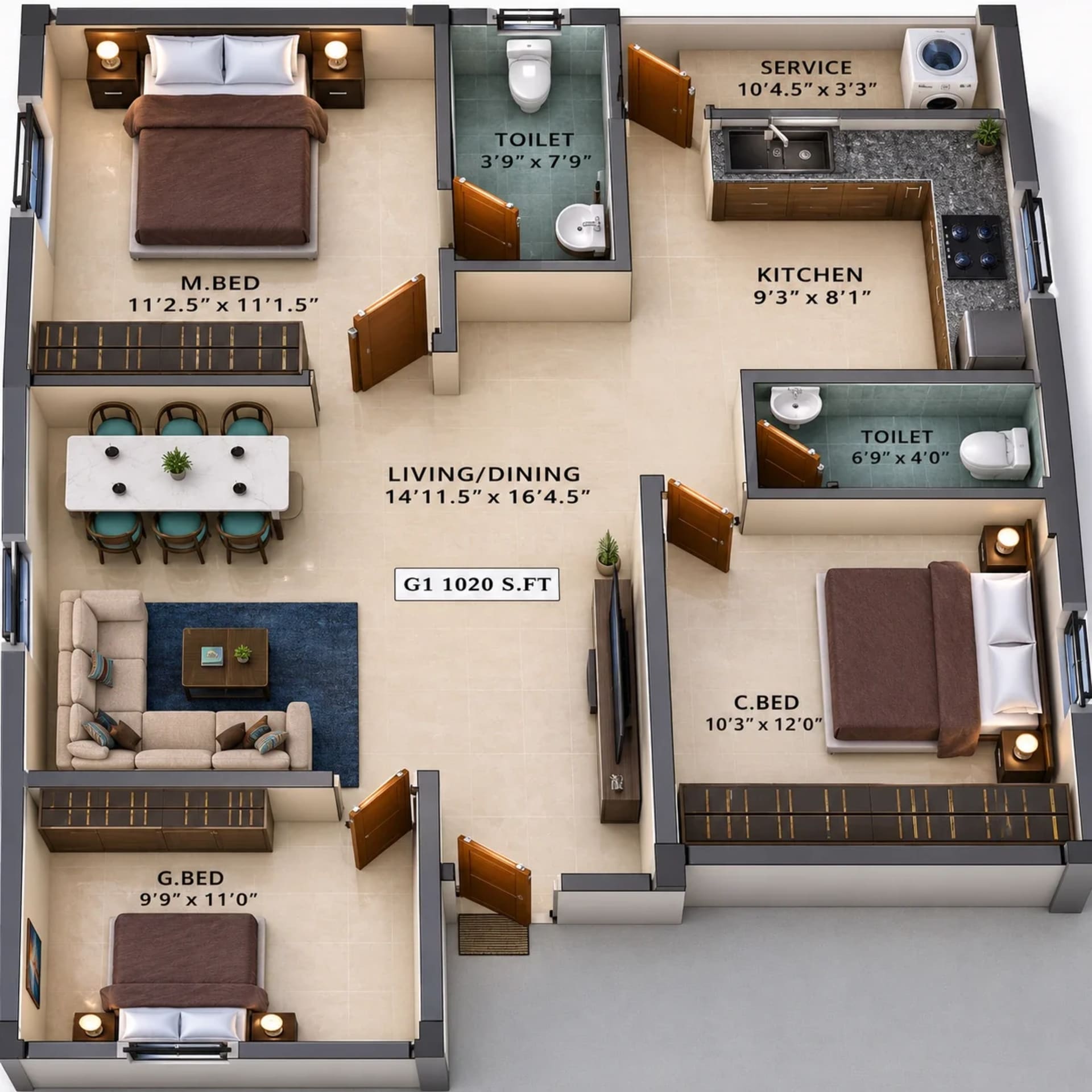 3 BHK Apartment Floor Plan – Viva Verve