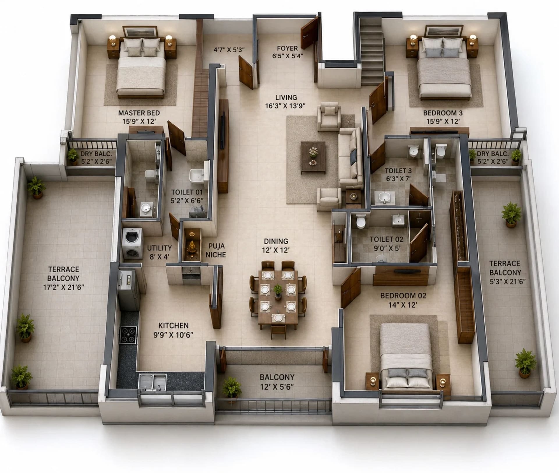 3 BHK Apartment Floor Plan – Appaswamy The Broadstone