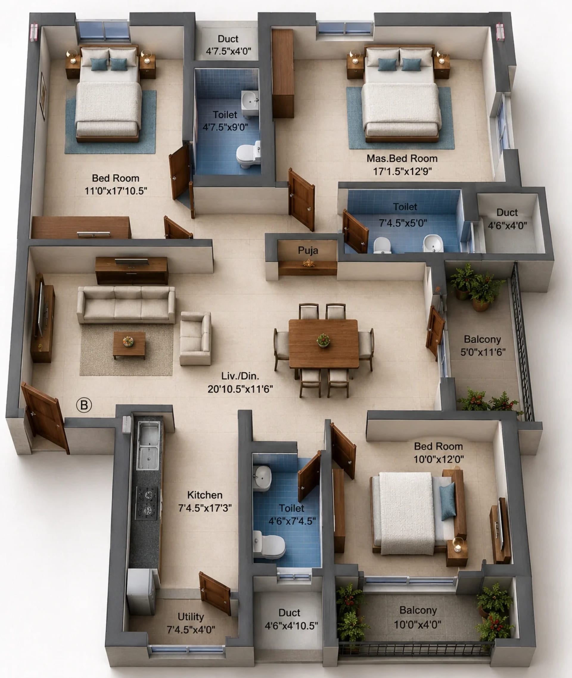 3 BHK Apartment Floor Plan – Pushkars Sri Vidya