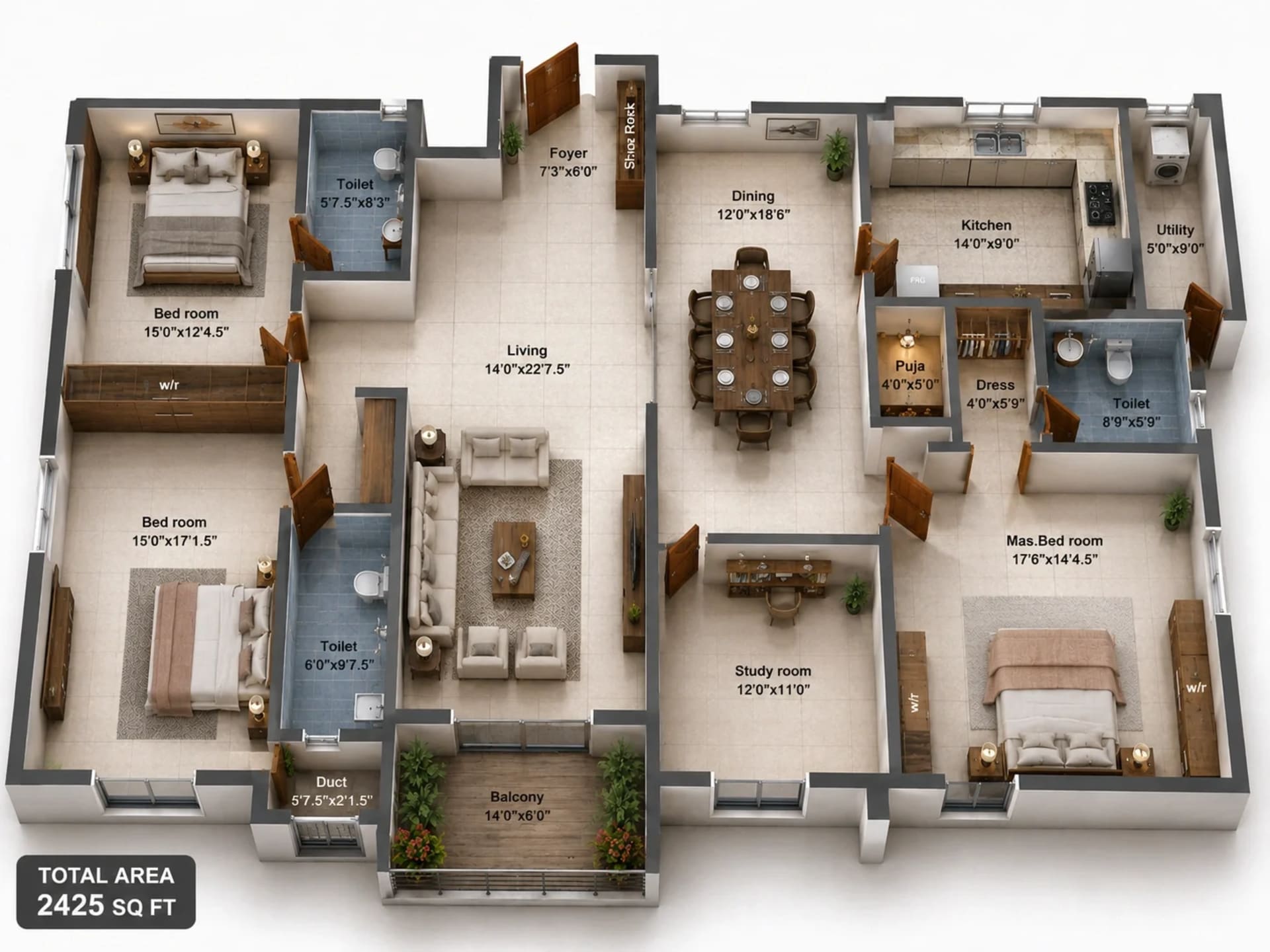 3.5 BHK Apartment Floor Plan – Pushkars Bloomingdale