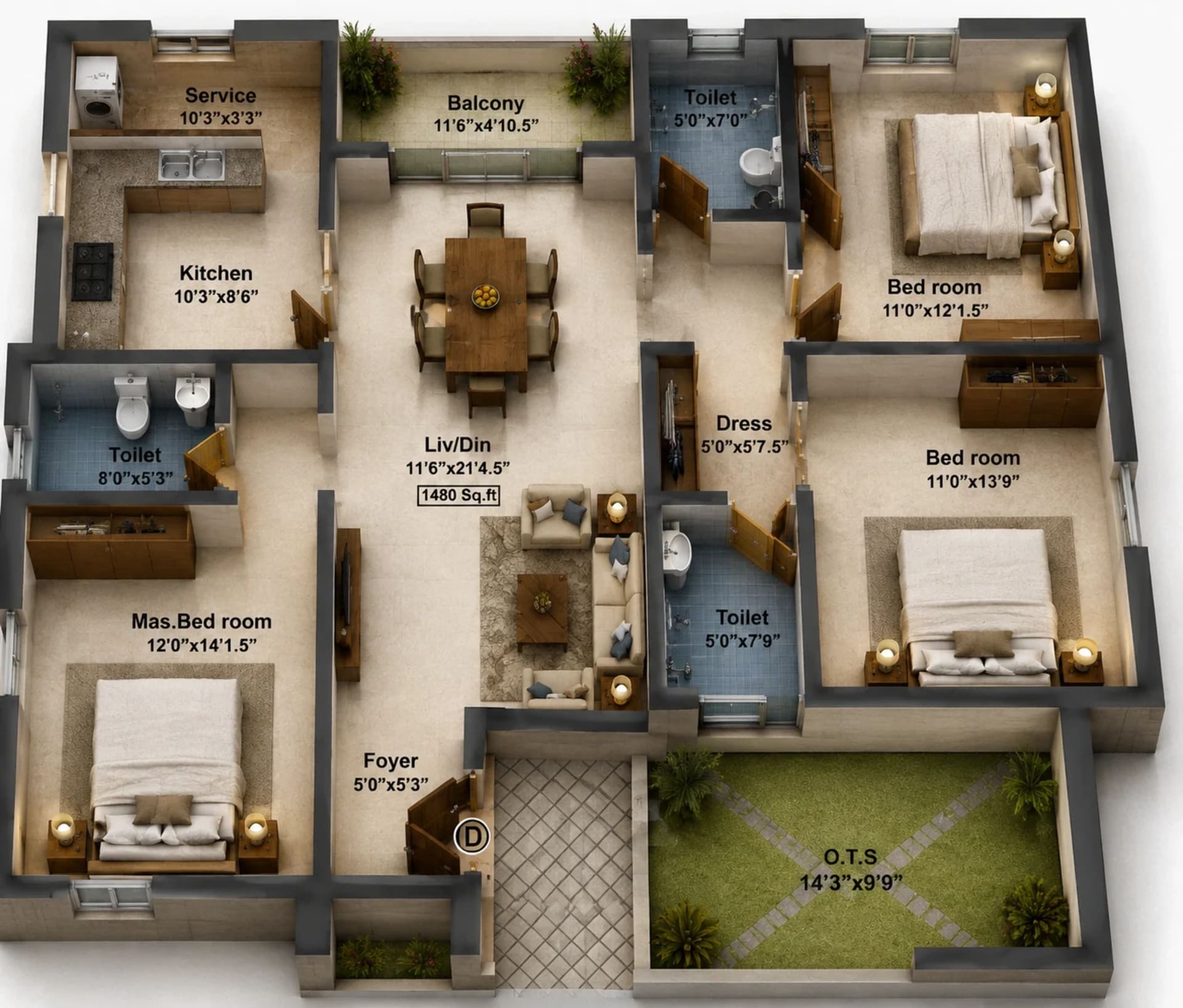 3 BHK Apartment Floor Plan – Pushkars Temple Ridge