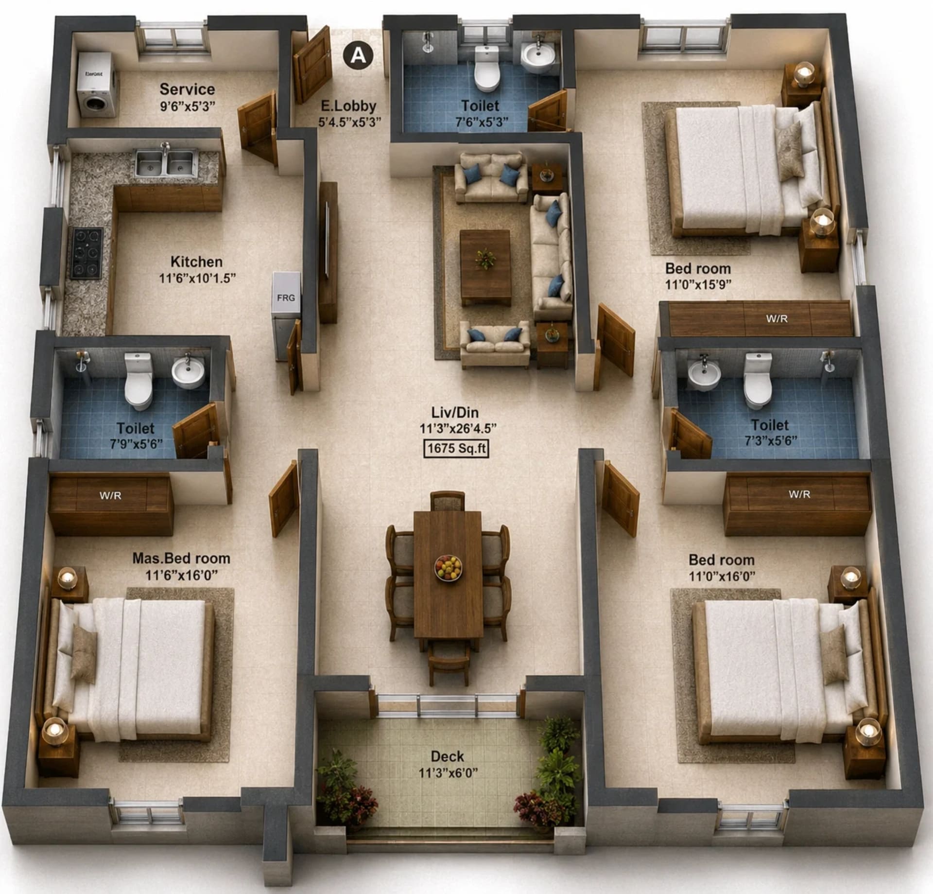 3 BHK Apartment Floor Plan – Pushkars Temple Ridge