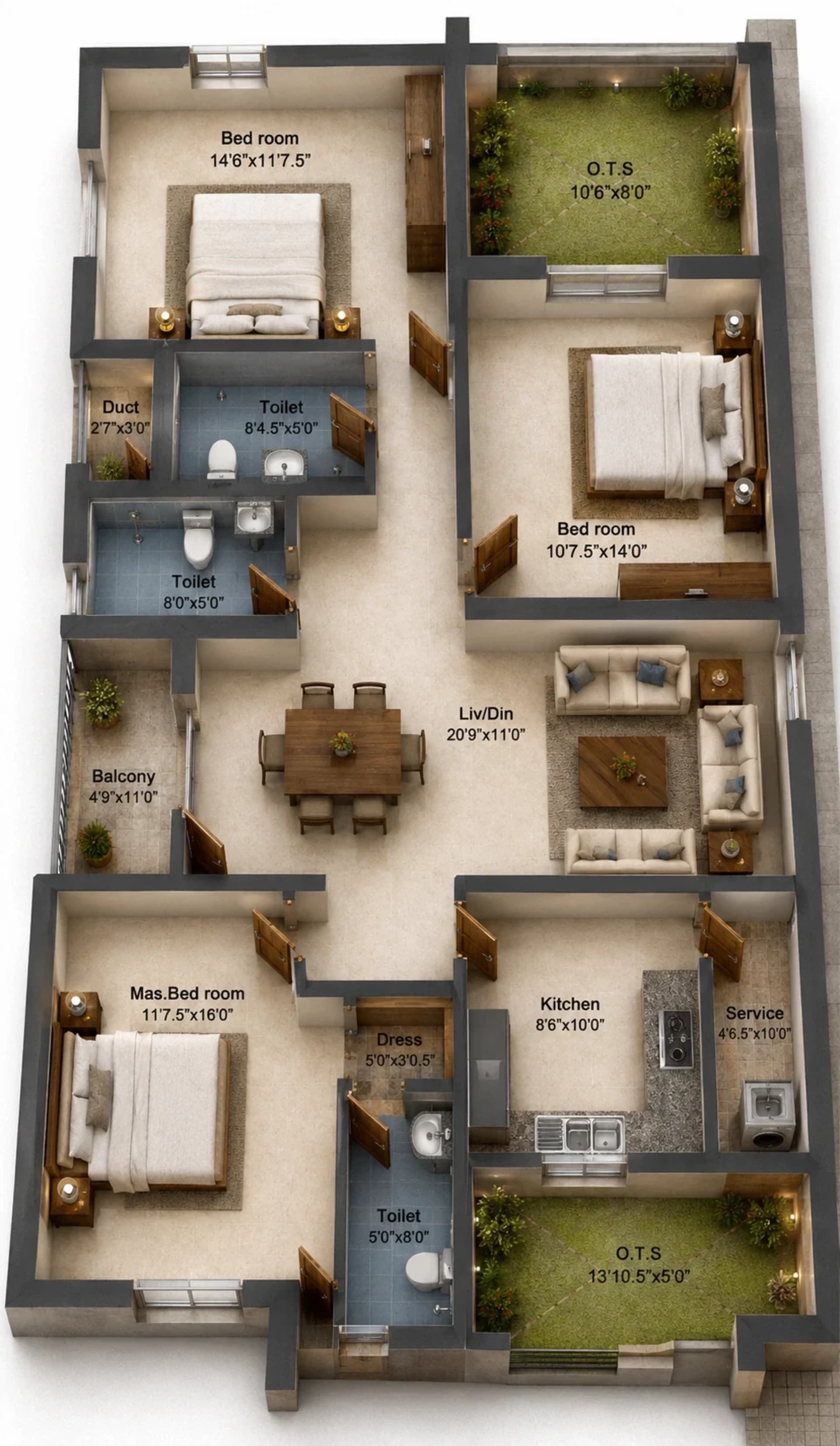 3 BHK Apartment Floor Plan – Pushkars Temple Ridge
