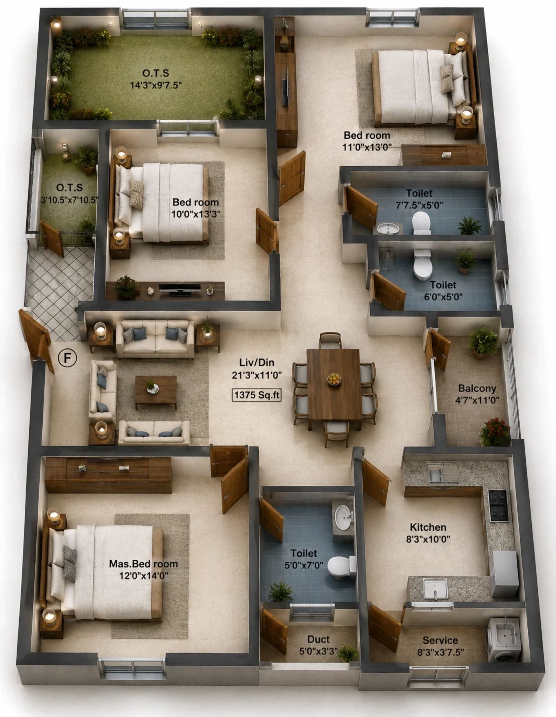 3 BHK Apartment Floor Plan – Pushkars Temple Ridge