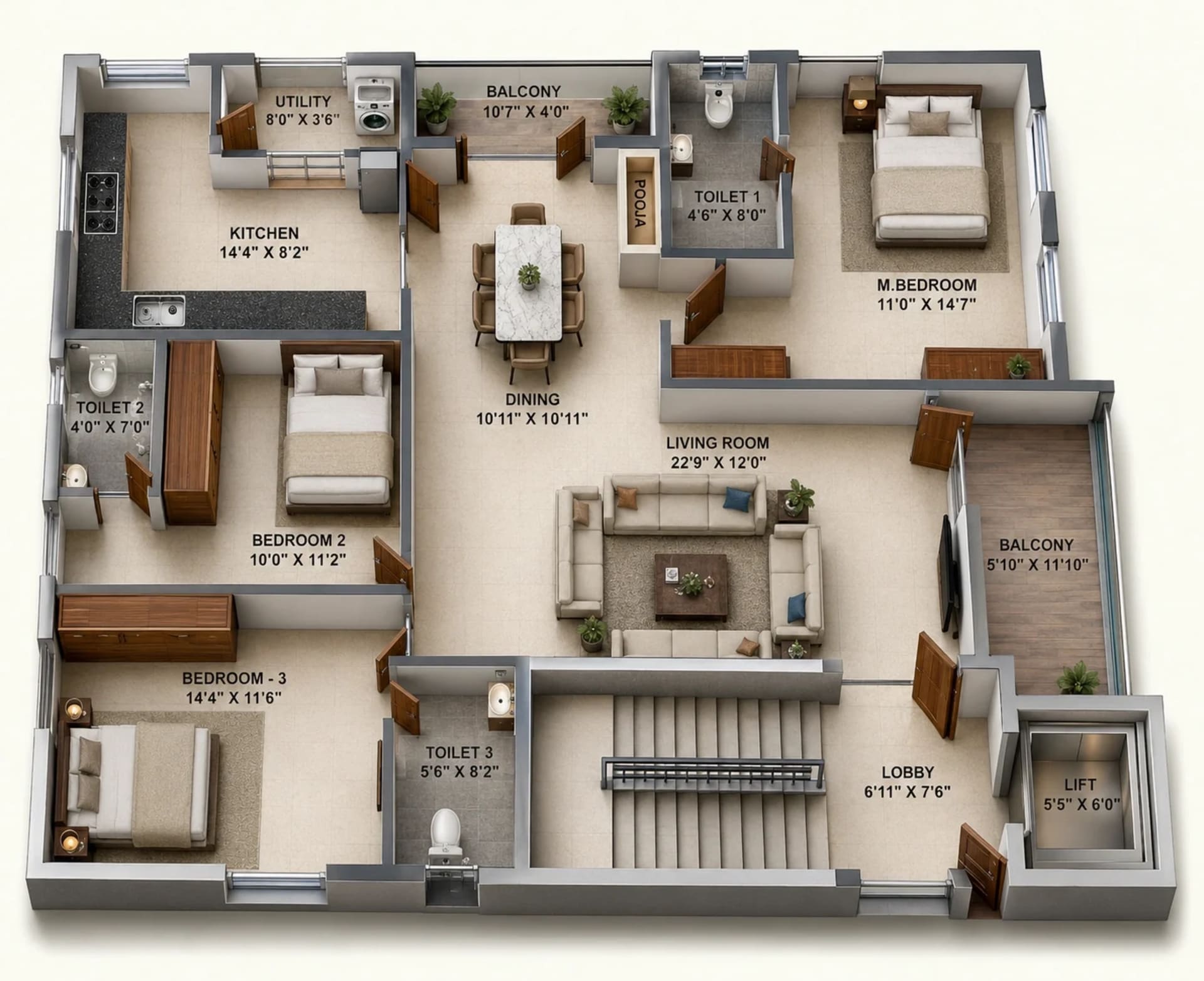 3 BHK Apartment Floor Plan – Ramaniyam Pon Kamal Enclave