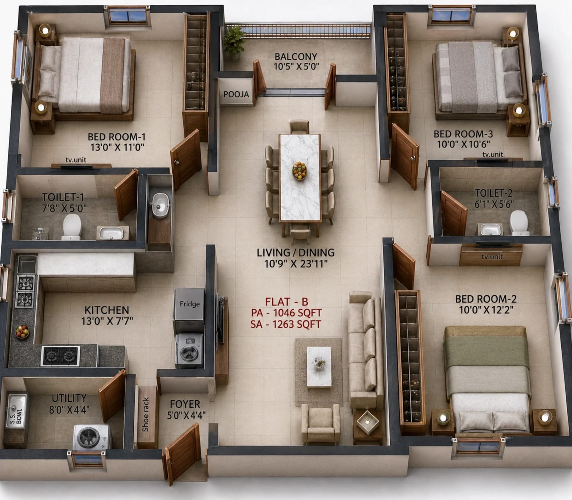 2 BHK Apartment Floor Plan – Ramaniyam Purna Krishna