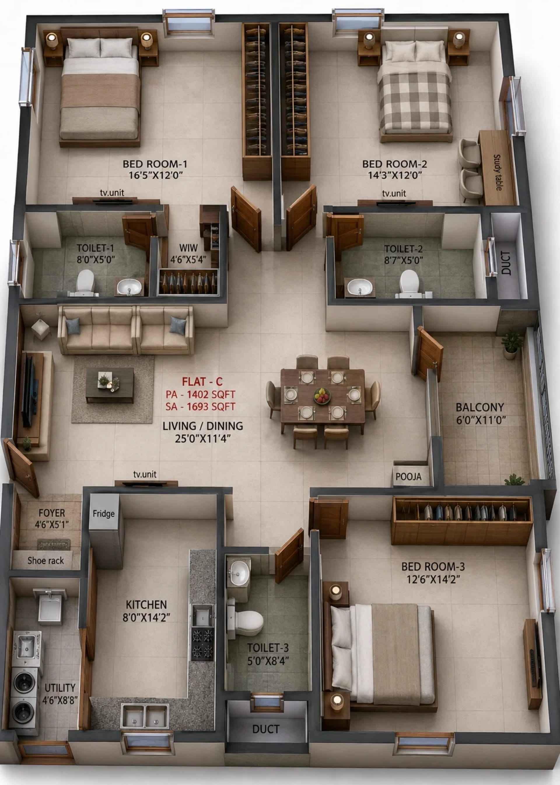 3 BHK Apartment Floor Plan – Ramaniyam Purna Krishna