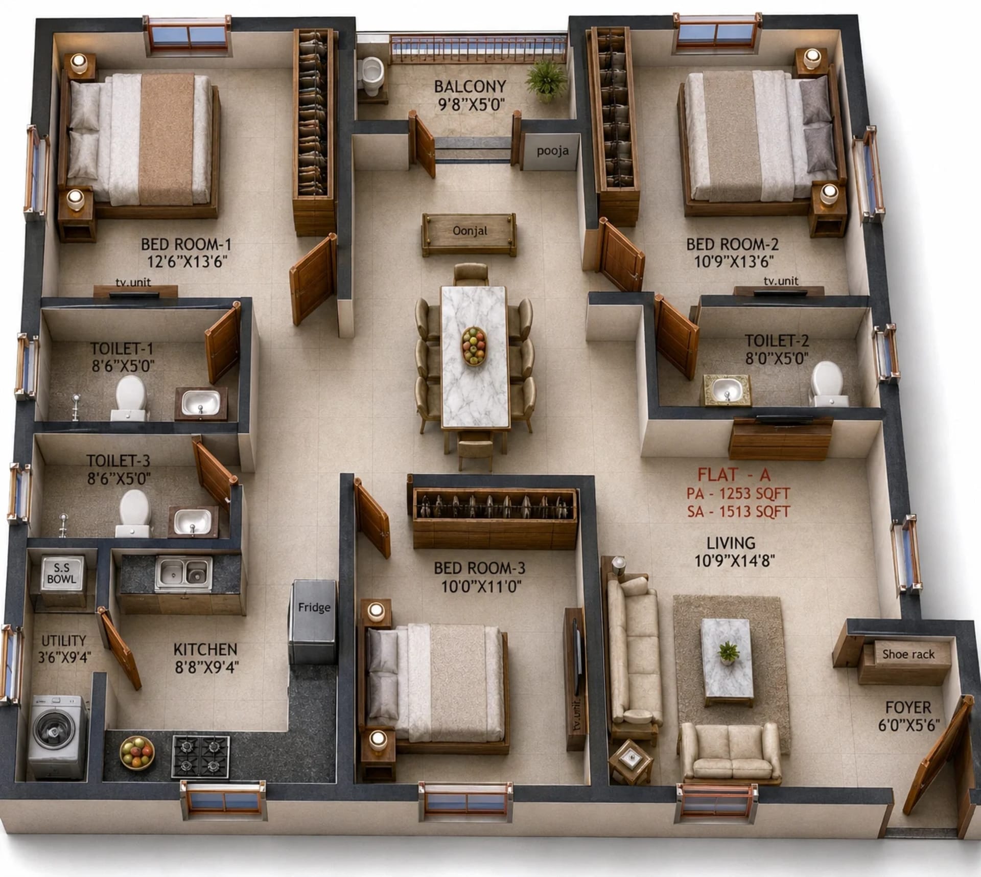 3 BHK Apartment Floor Plan – Ramaniyam Purna Krishna
