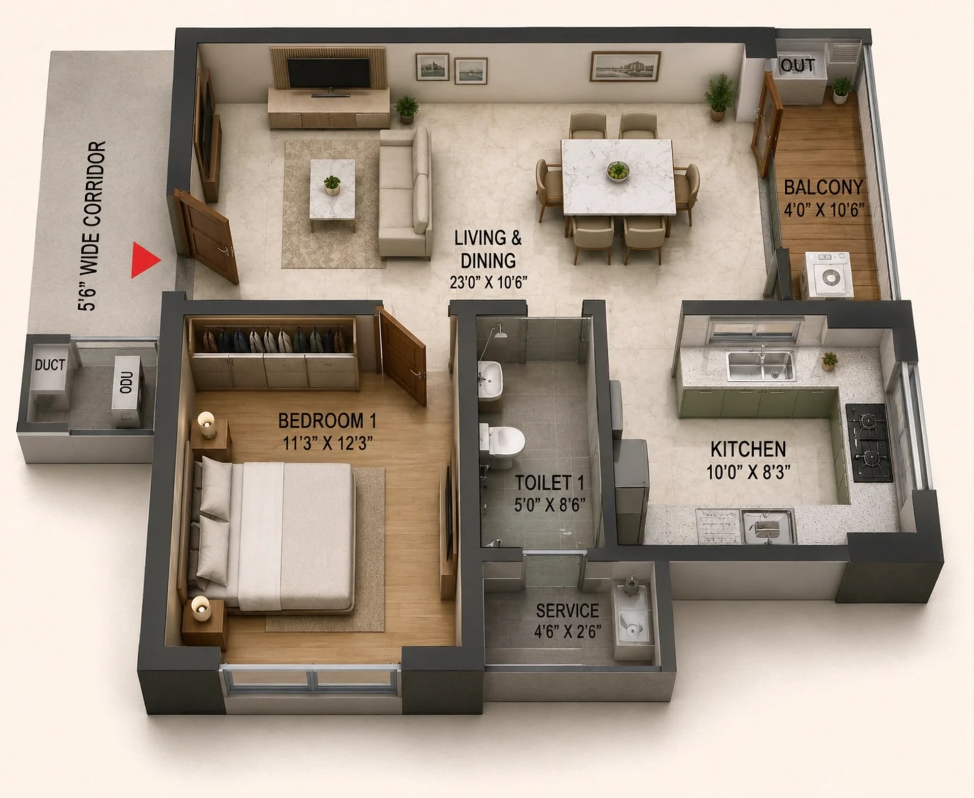 1 BHK Apartment Floor Plan – Ramaniyam Sai Aranya