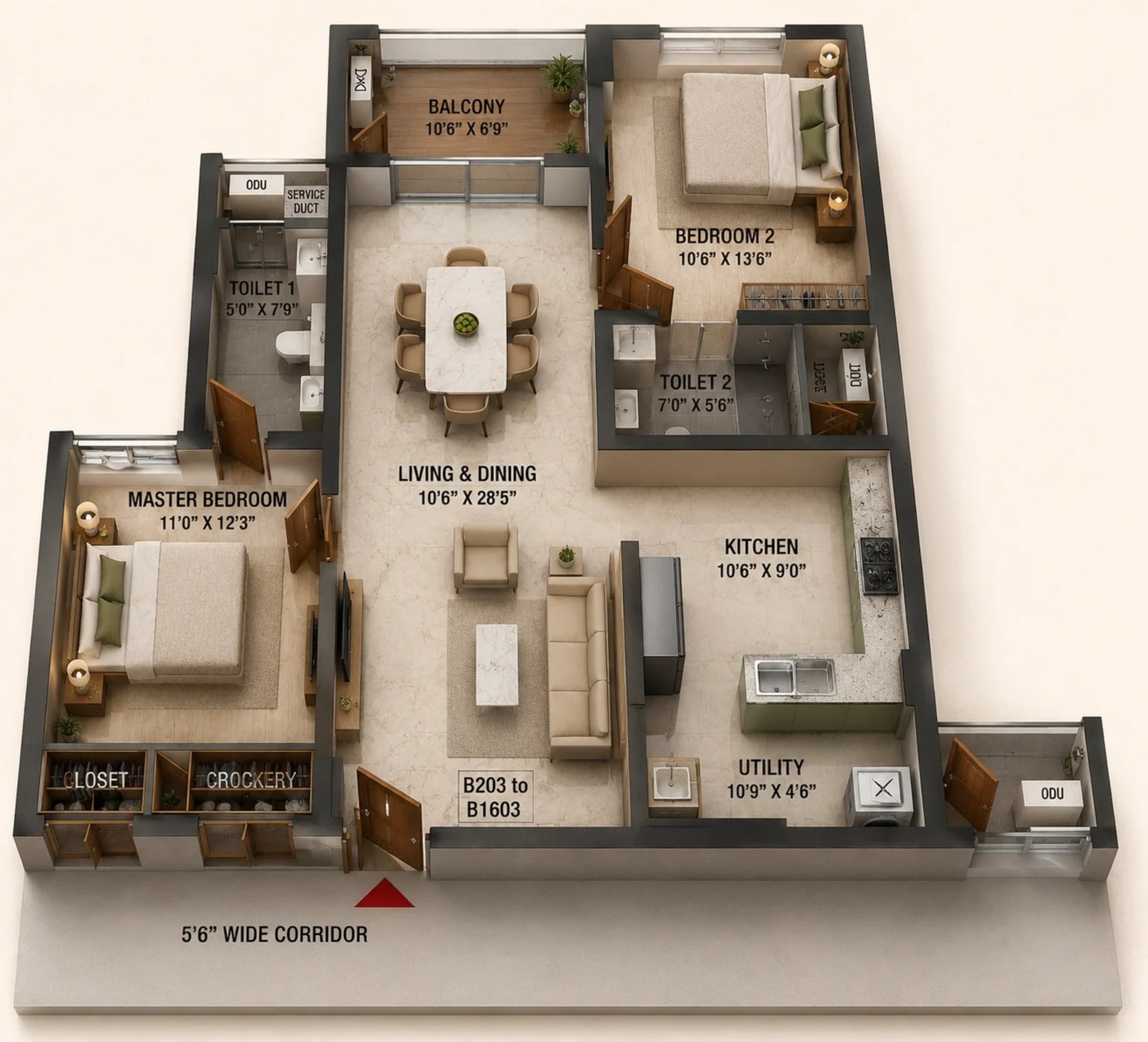 2 BHK Apartment Floor Plan – Ramaniyam Sai Aranya