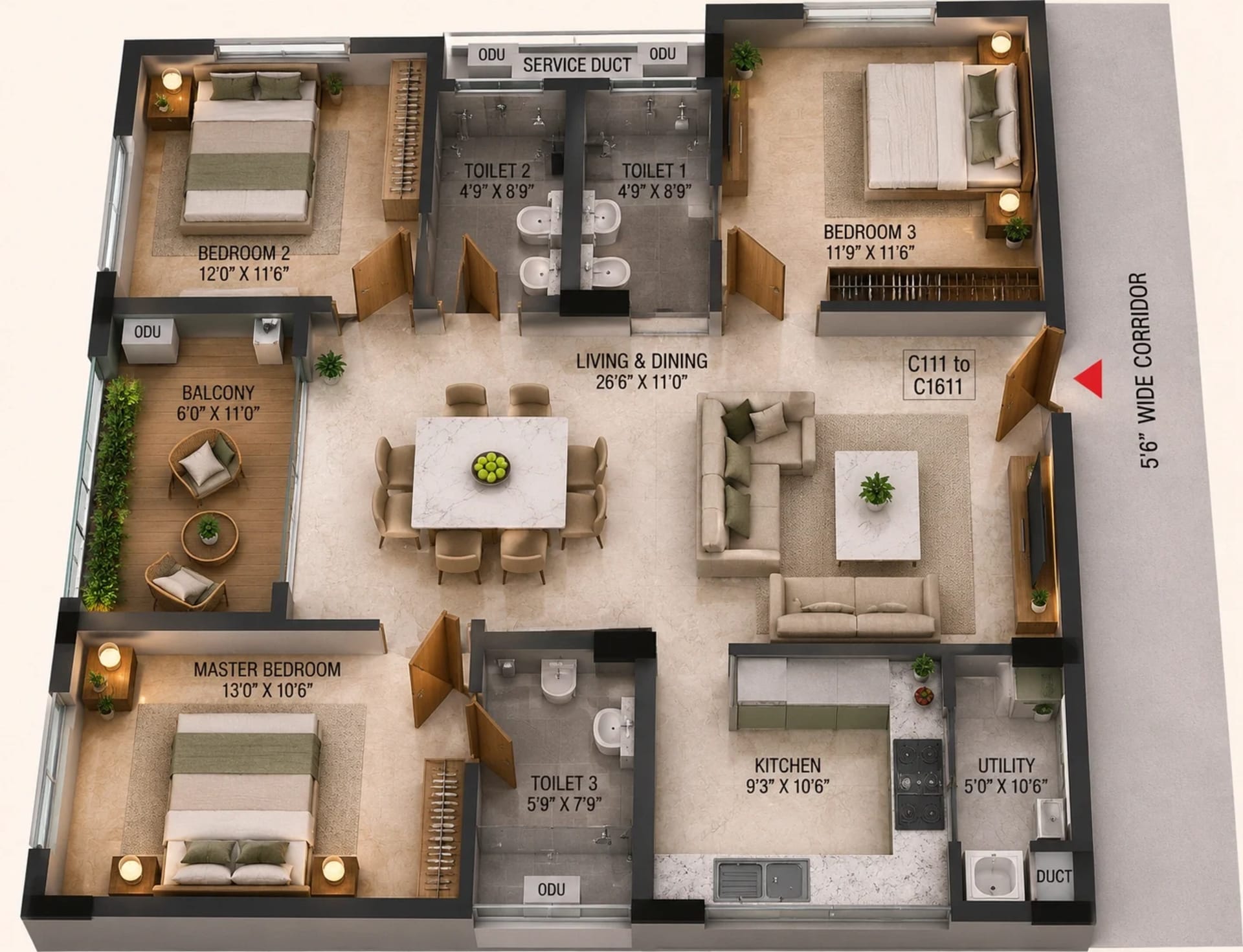 3 BHK Apartment Floor Plan – Ramaniyam Sai Aranya