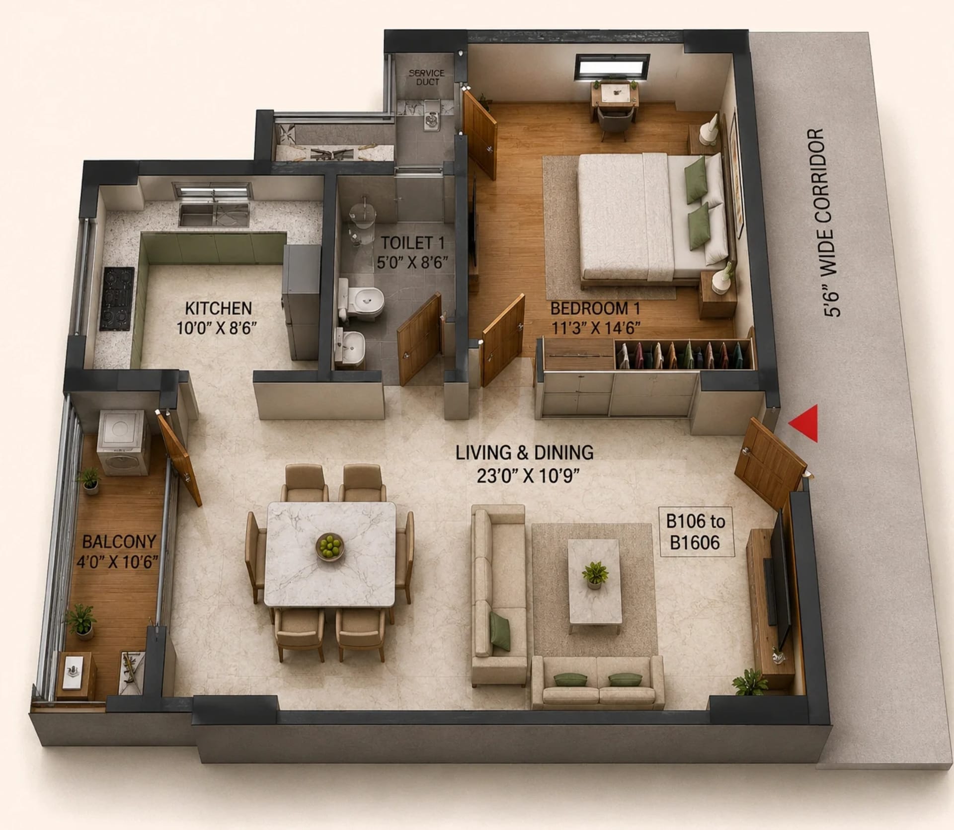1 BHK Apartment Floor Plan – Ramaniyam Sai Aranya